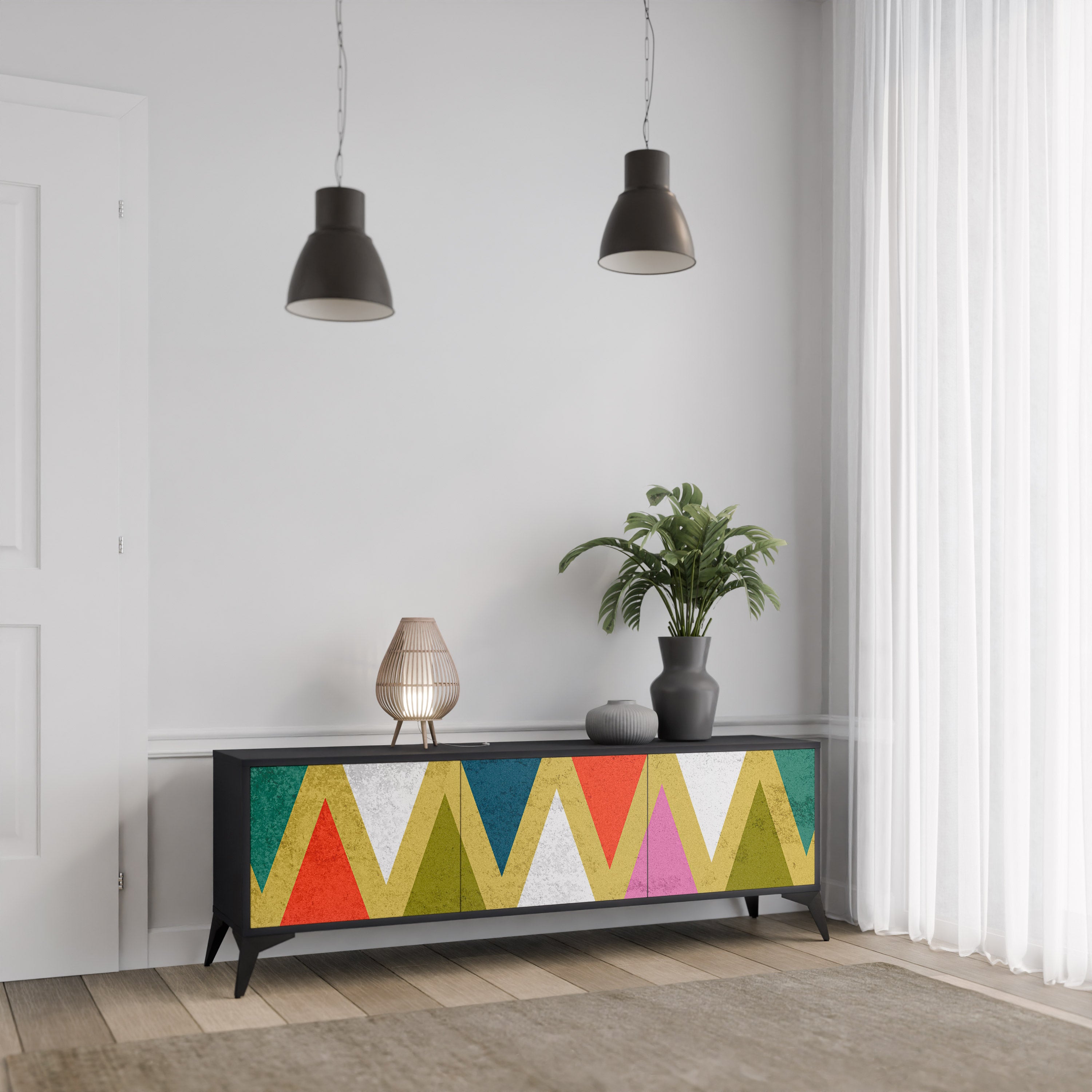 Mueble de TV de 3 puertas COLORFUL TRIANGLES en acabado negro