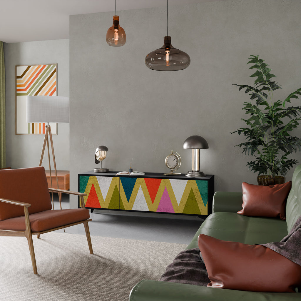Mueble de TV de 3 puertas COLORFUL TRIANGLES en acabado negro