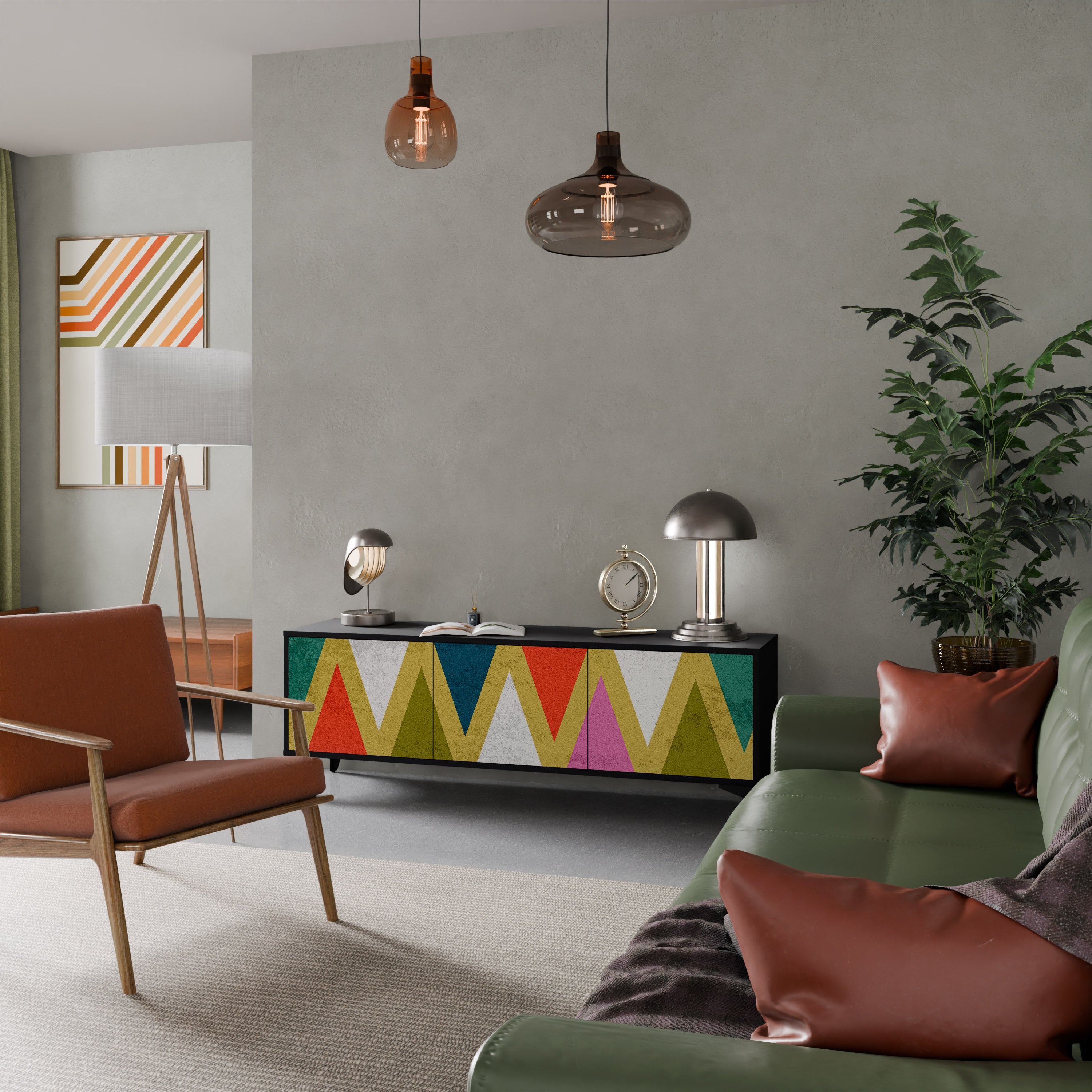 Mueble de TV de 3 puertas COLORFUL TRIANGLES en acabado negro