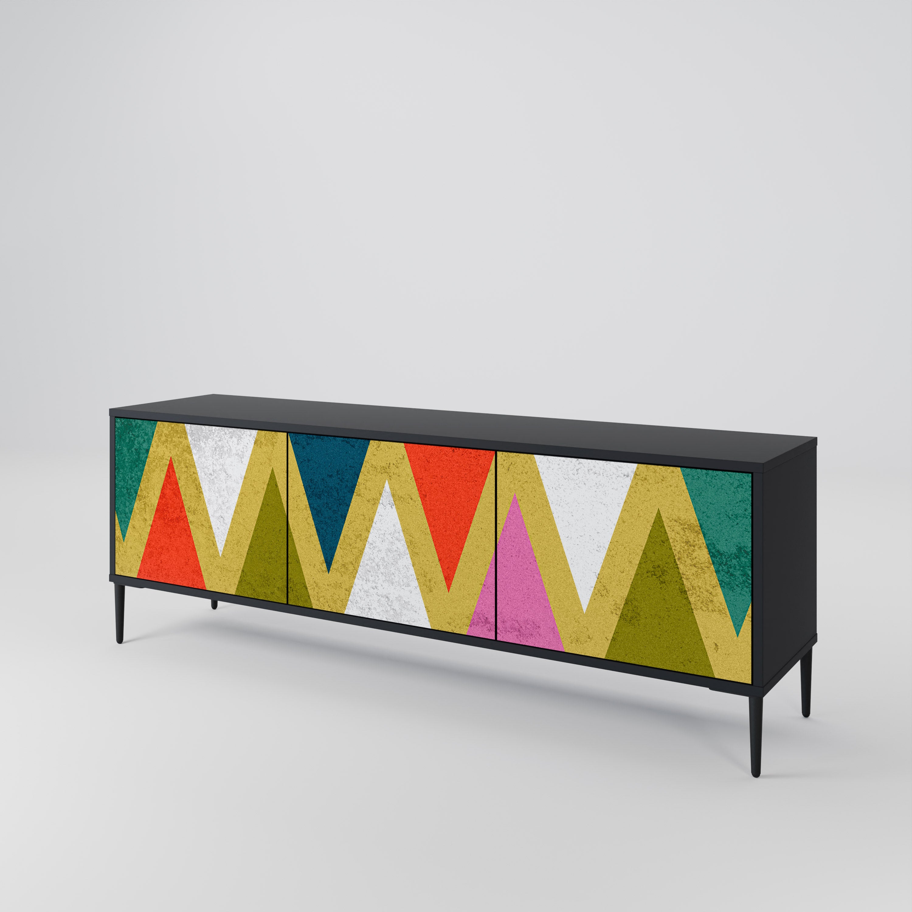 Mueble de TV de 3 puertas COLORFUL TRIANGLES en acabado negro