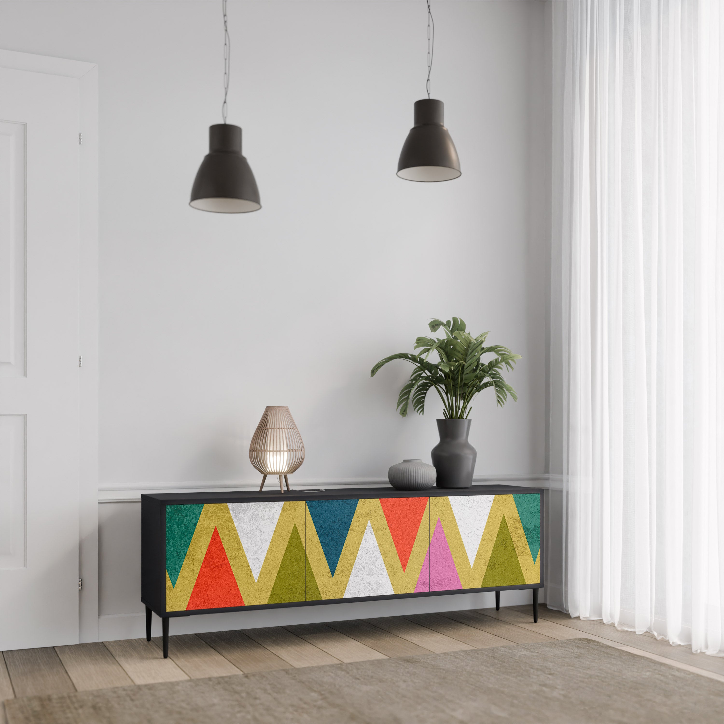 Mueble de TV de 3 puertas COLORFUL TRIANGLES en acabado negro