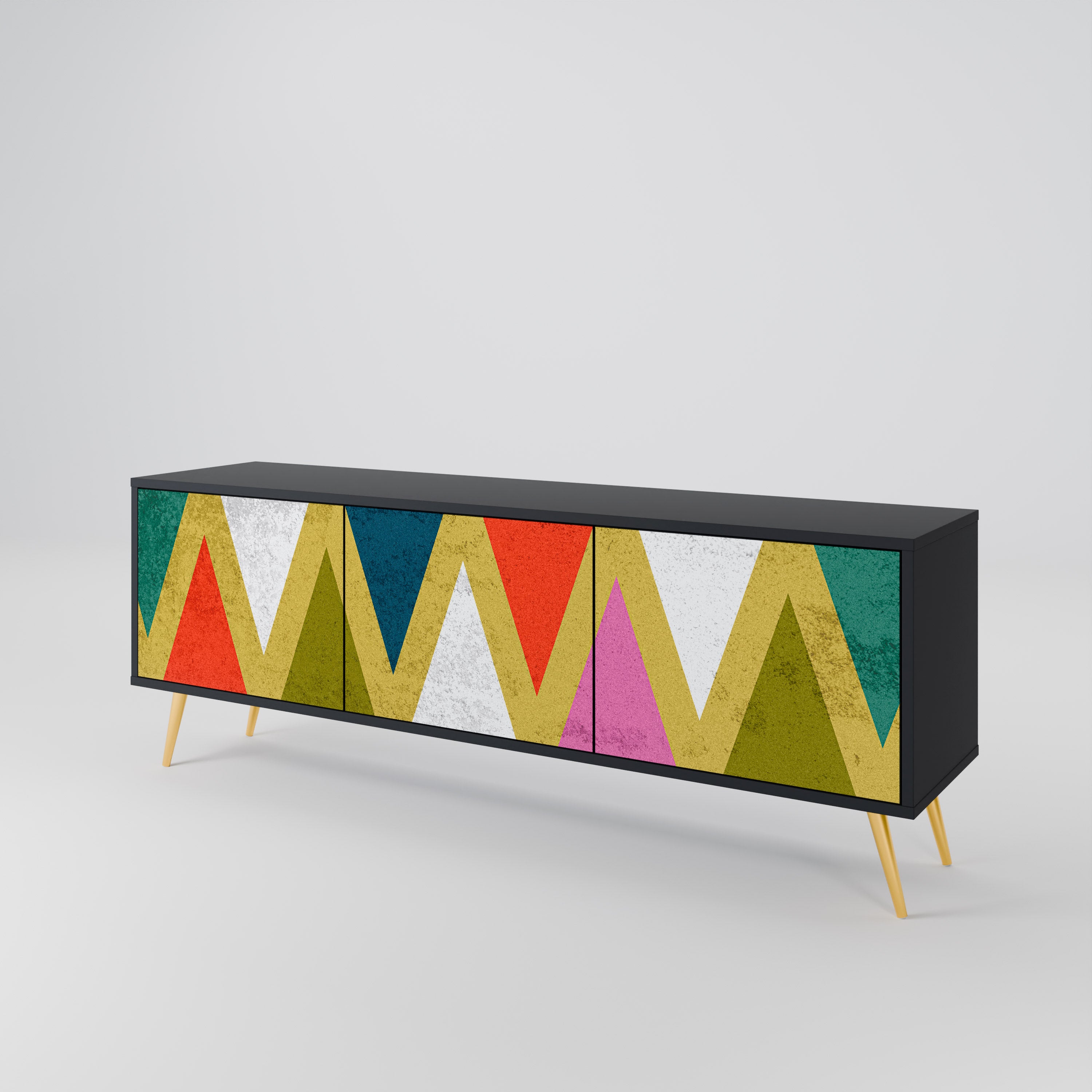 Mueble de TV de 3 puertas COLORFUL TRIANGLES en acabado negro