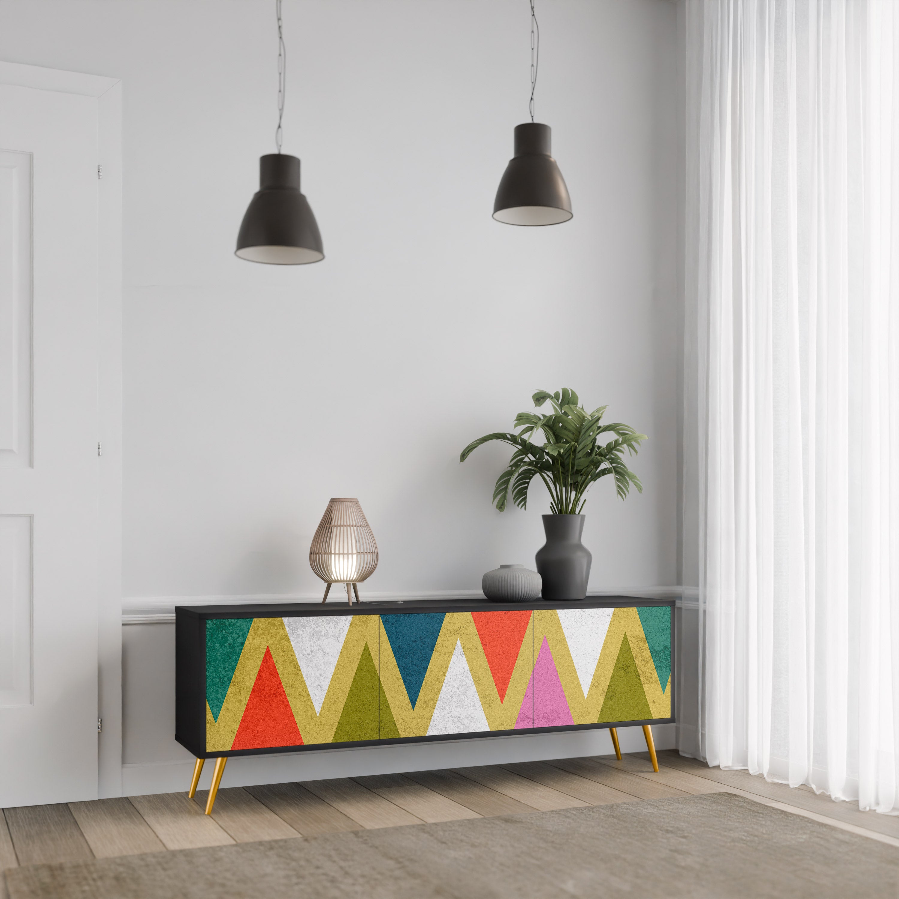 Mueble de TV de 3 puertas COLORFUL TRIANGLES en acabado negro