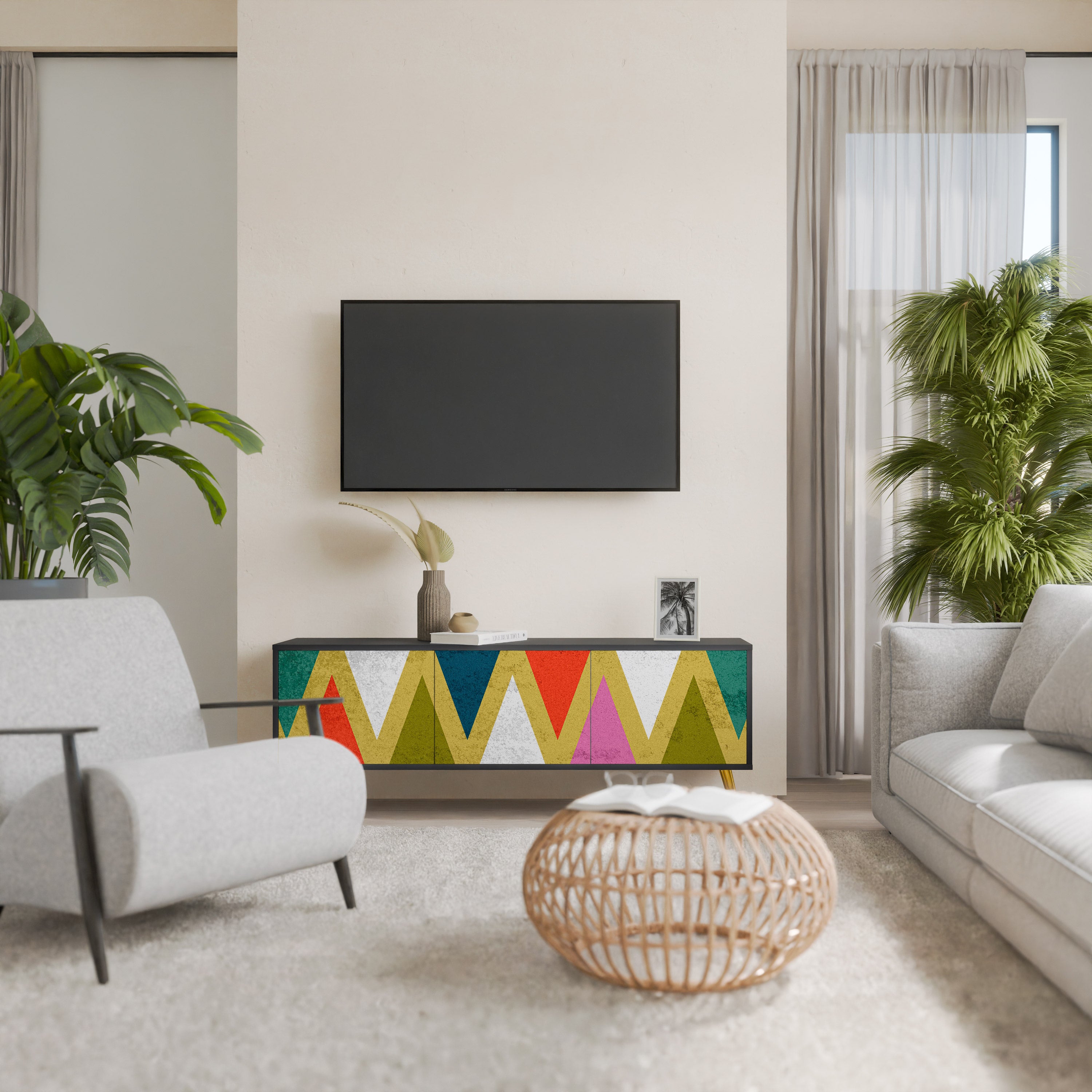 Mueble de TV de 3 puertas COLORFUL TRIANGLES en acabado negro