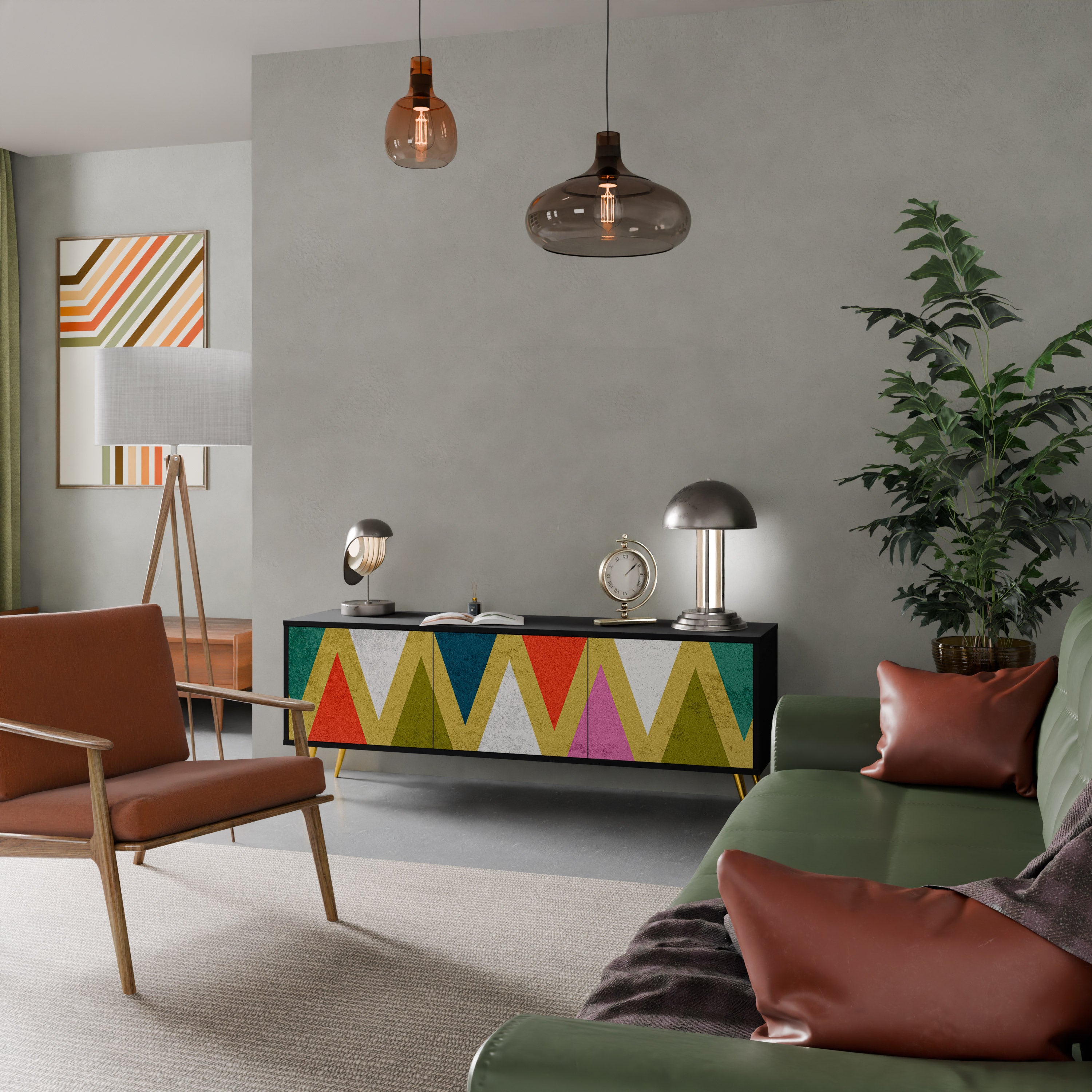 Mueble de TV de 3 puertas COLORFUL TRIANGLES en acabado negro