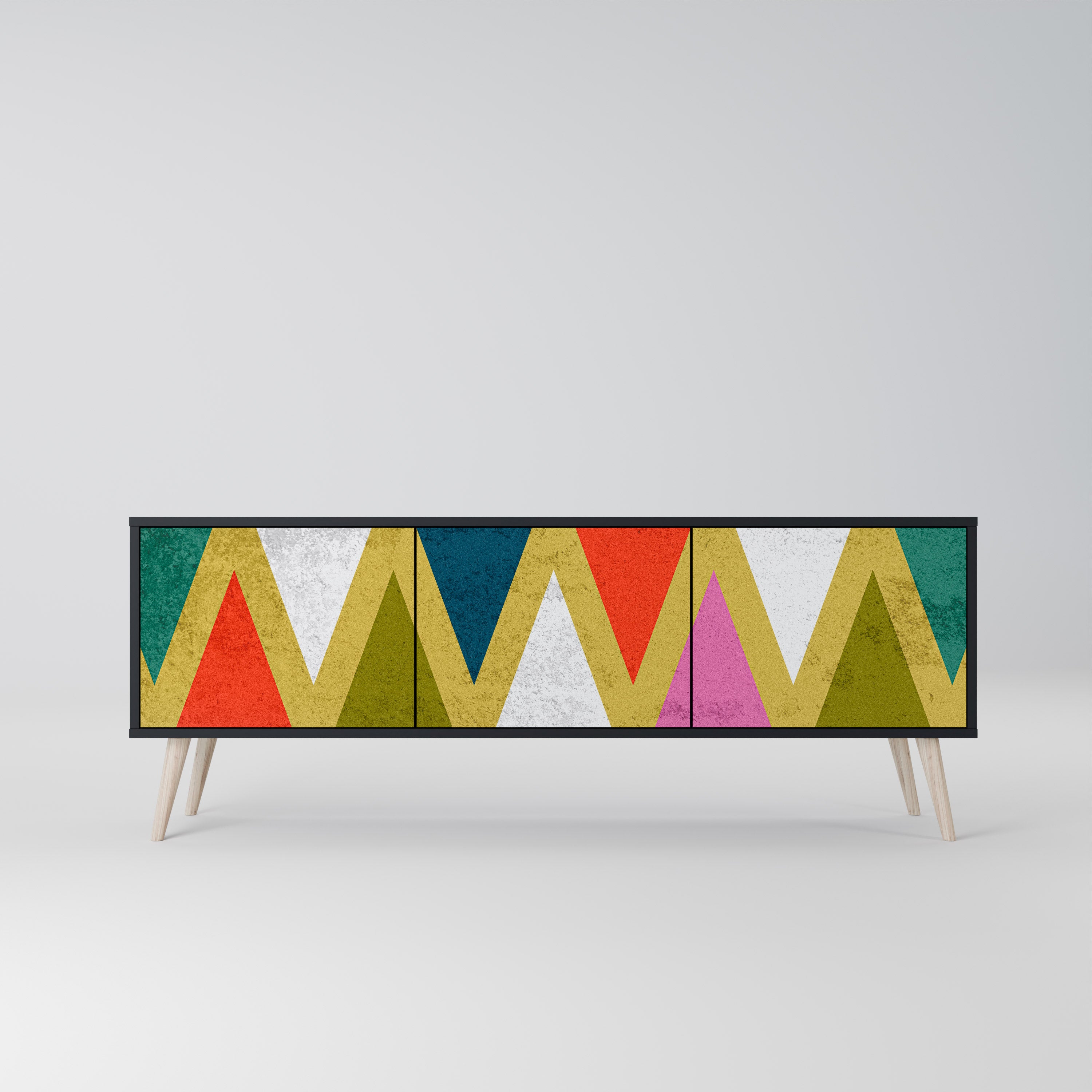 Mueble de TV de 3 puertas COLORFUL TRIANGLES en acabado negro