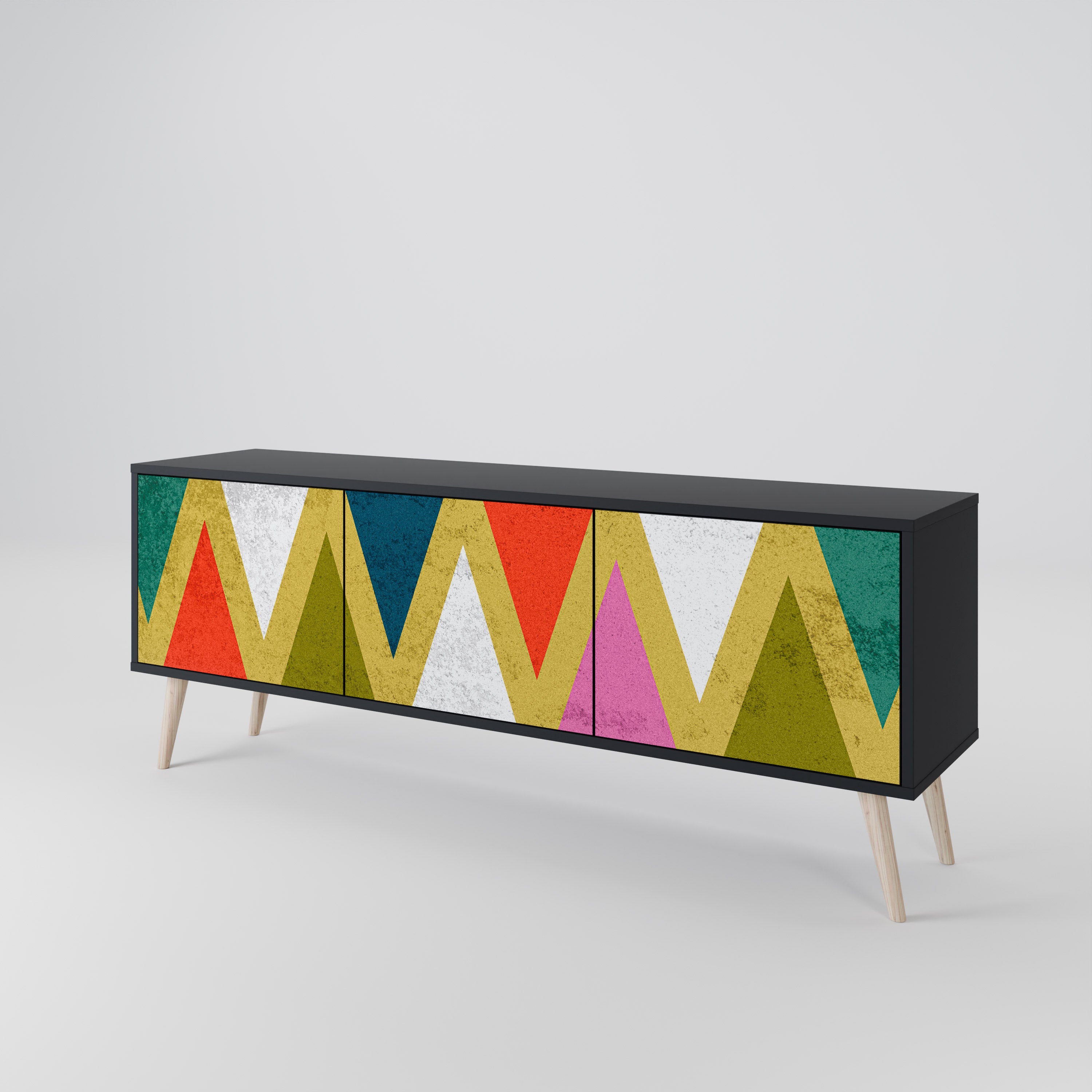 Mueble de TV de 3 puertas COLORFUL TRIANGLES en acabado negro