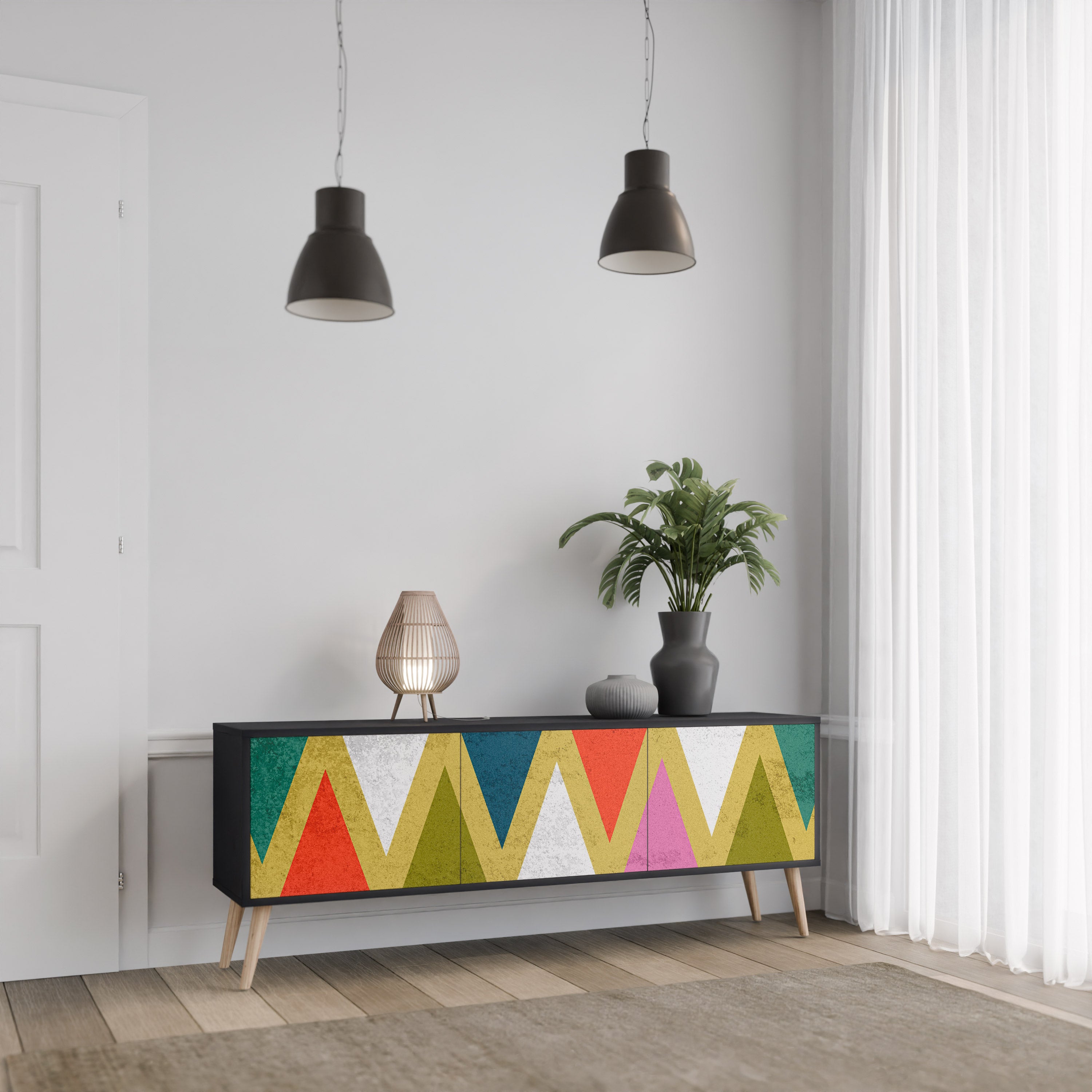 Mueble de TV de 3 puertas COLORFUL TRIANGLES en acabado negro