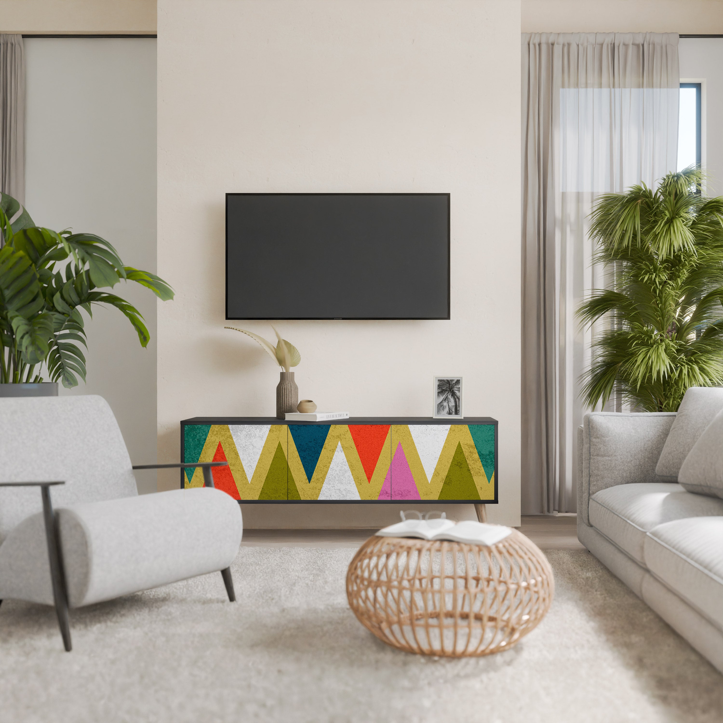 Mueble de TV de 3 puertas COLORFUL TRIANGLES en acabado negro