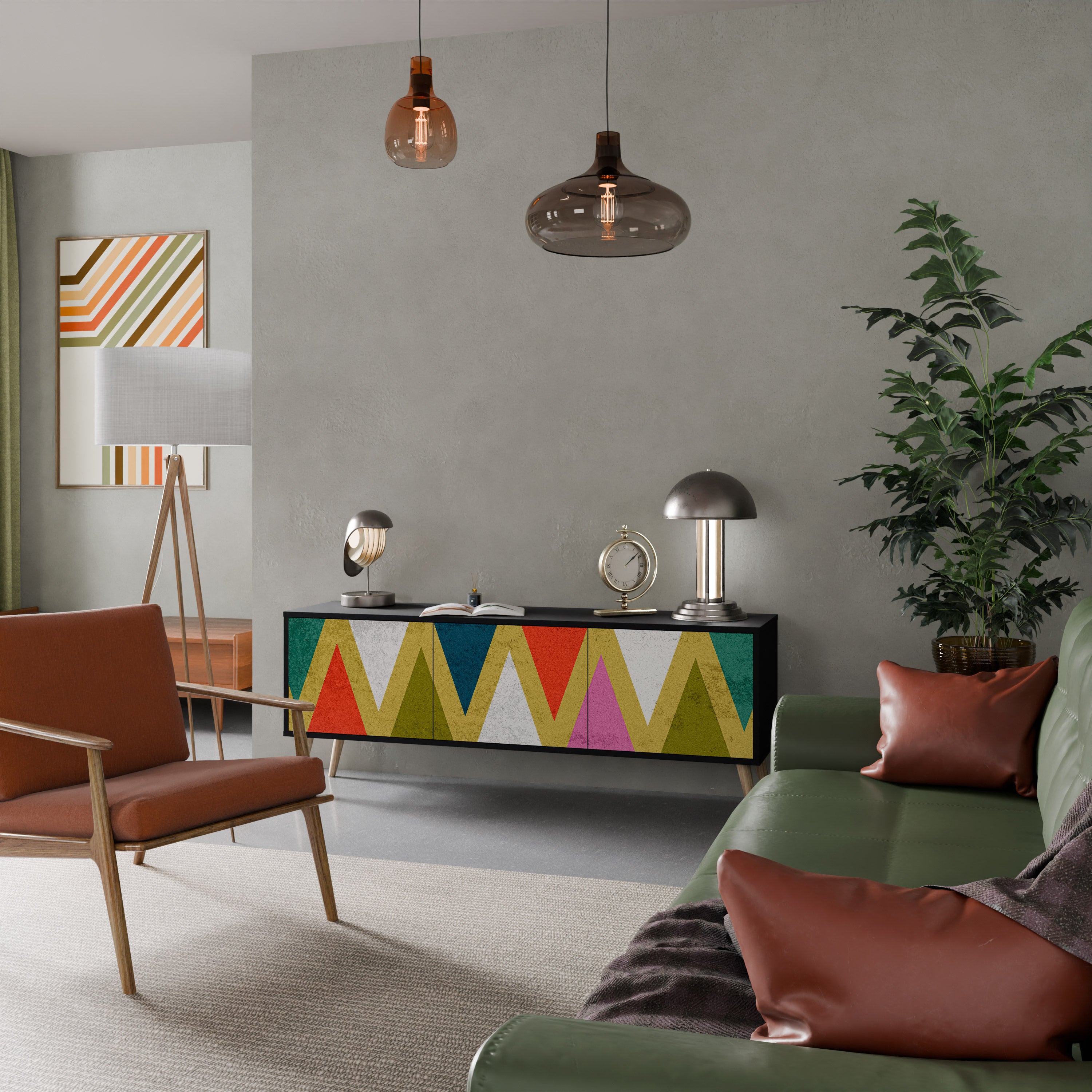 Mueble de TV de 3 puertas COLORFUL TRIANGLES en acabado negro