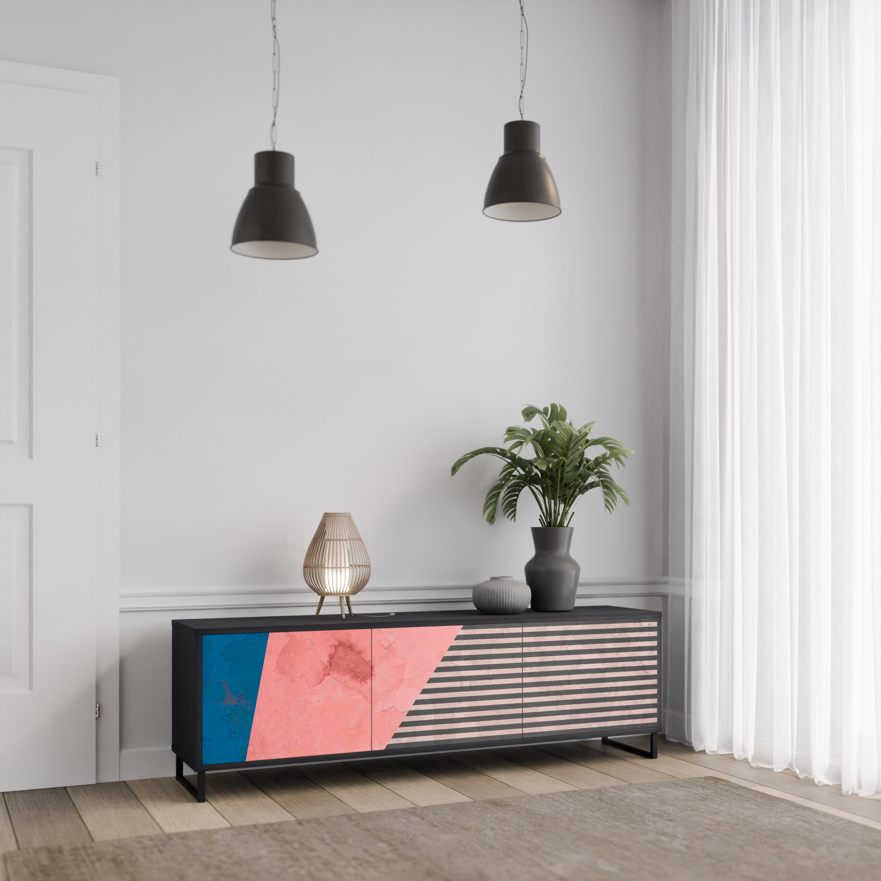 Mueble de TV GLAMOROUS STRIPE de 3 puertas con acabado negro