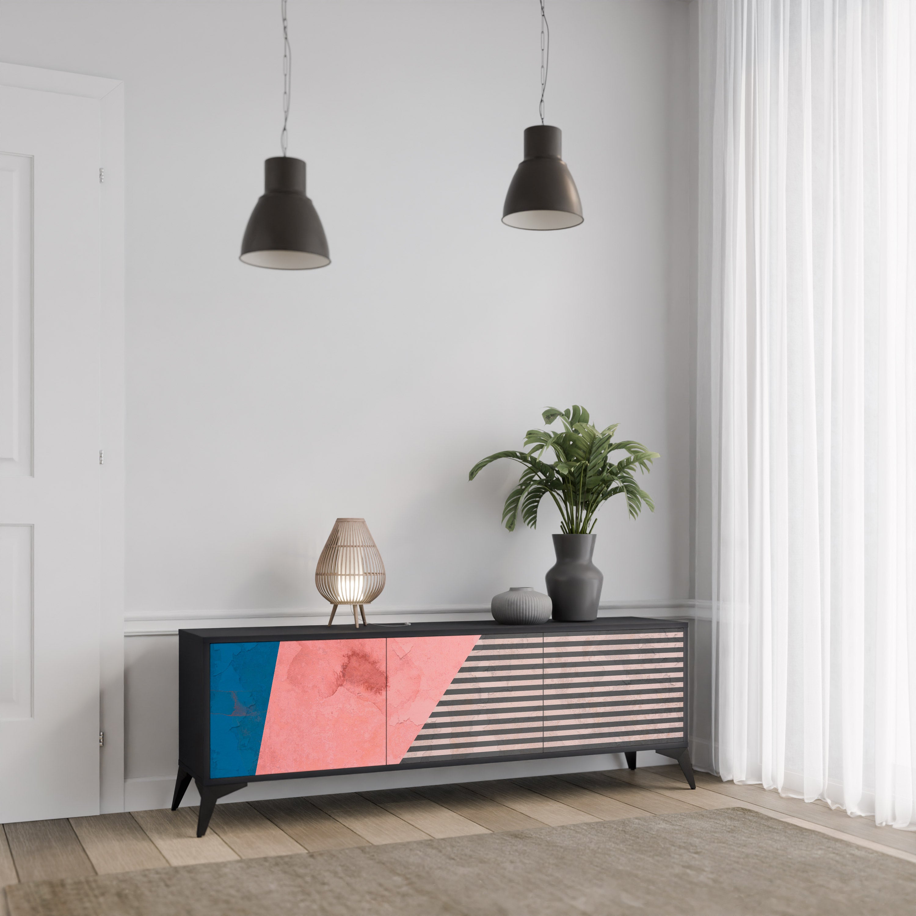 Mueble de TV GLAMOROUS STRIPE de 3 puertas con acabado negro