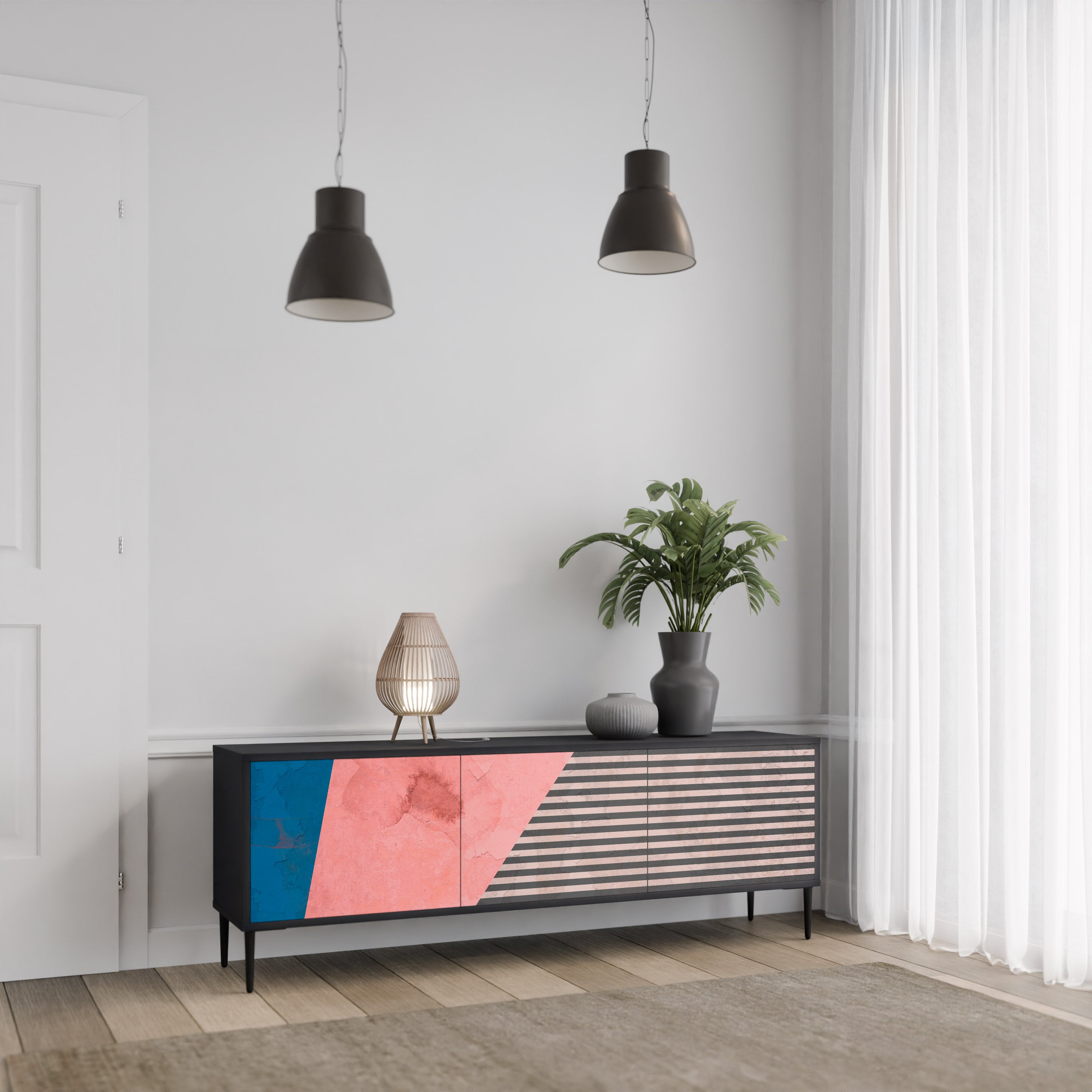 Mueble de TV GLAMOROUS STRIPE de 3 puertas con acabado negro