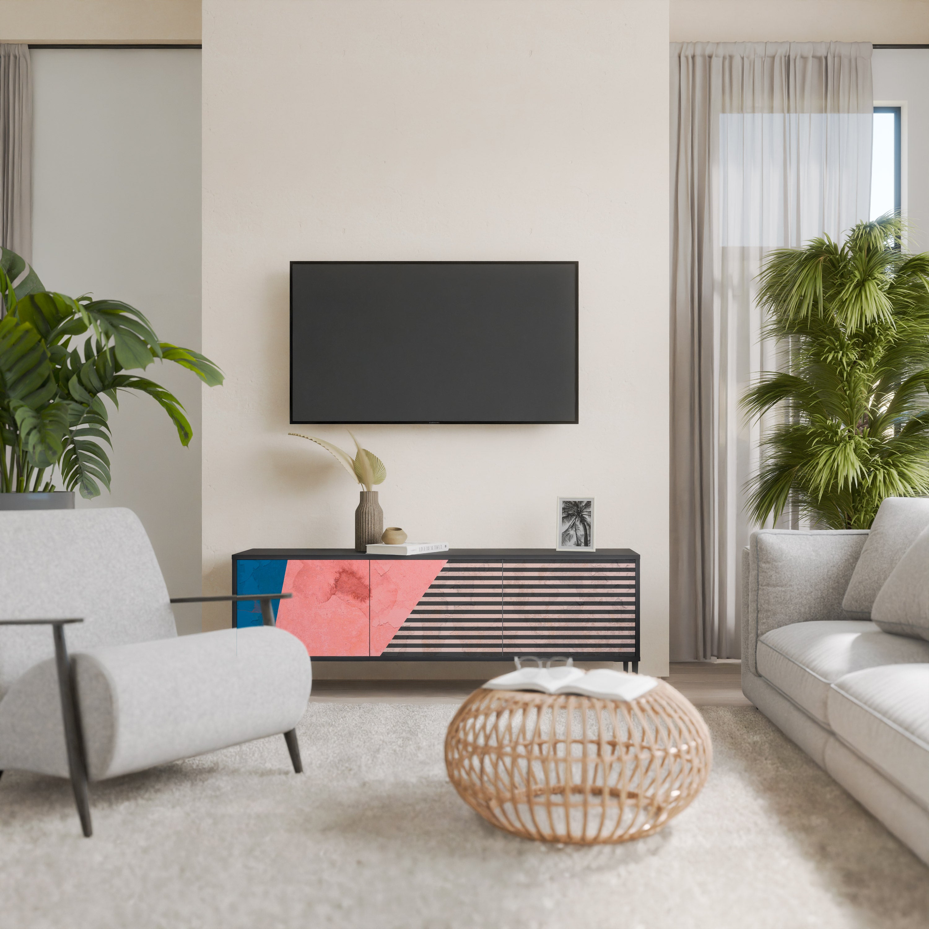 Mueble de TV GLAMOROUS STRIPE de 3 puertas con acabado negro