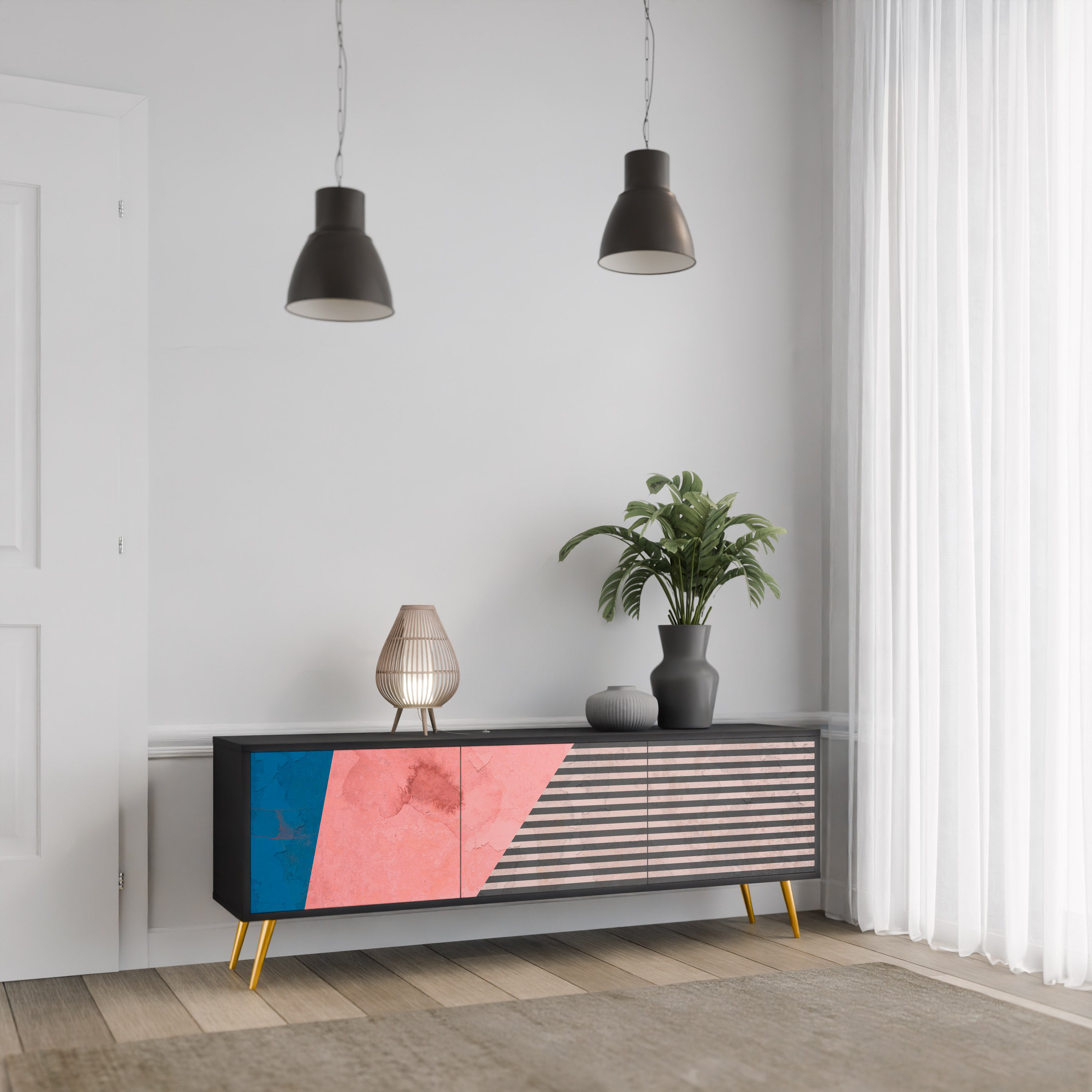 Mueble de TV GLAMOROUS STRIPE de 3 puertas con acabado negro