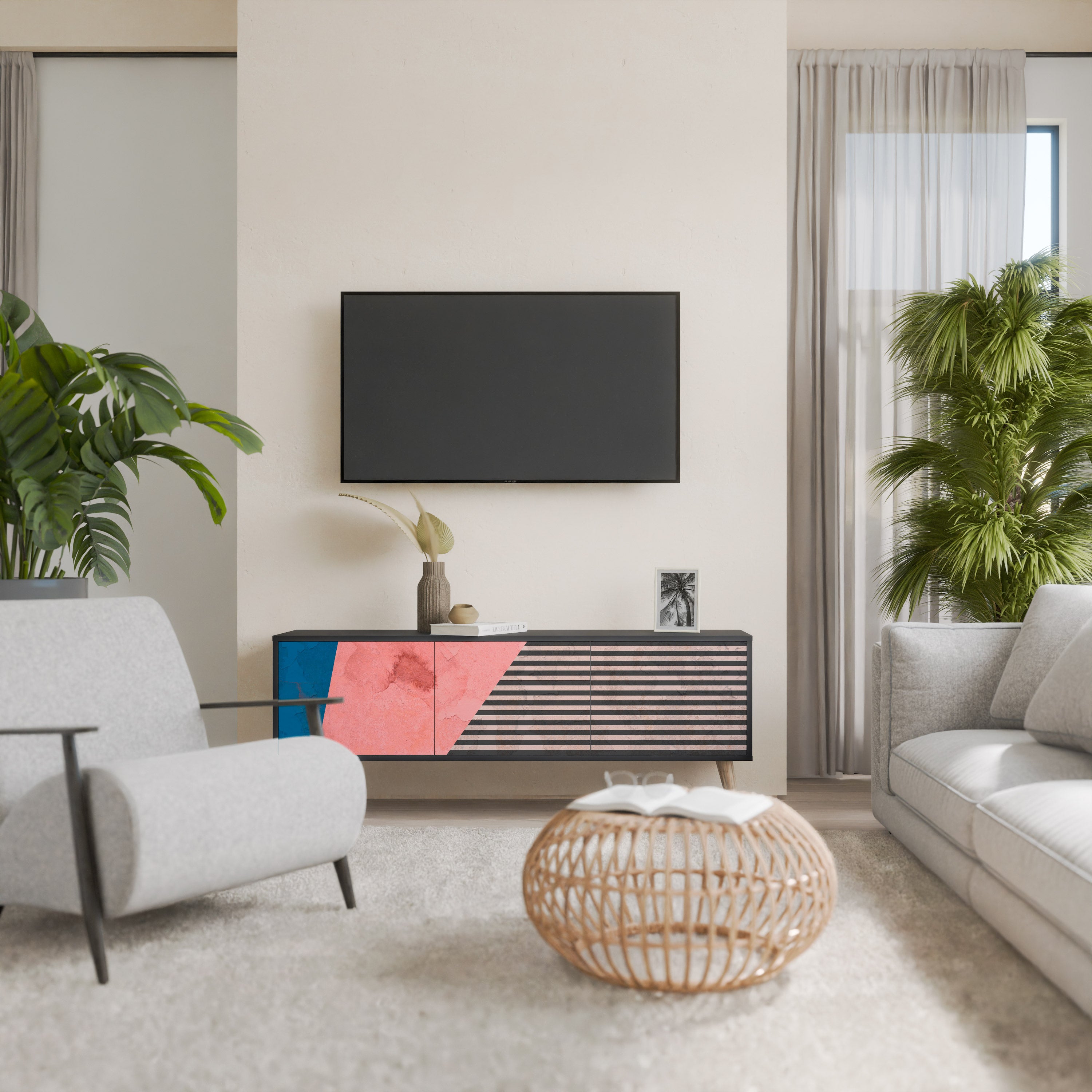 Mueble de TV GLAMOROUS STRIPE de 3 puertas con acabado negro