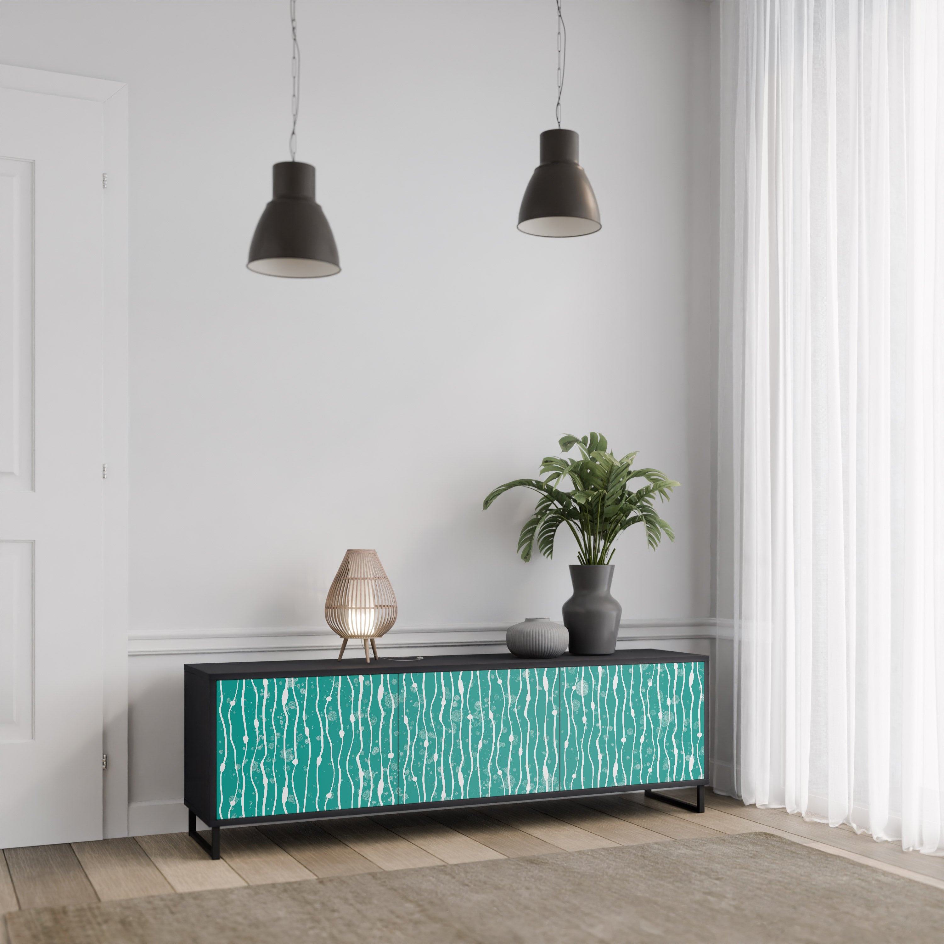 TURQUOISE RAIN 3-Door TV Stand in Black Finish