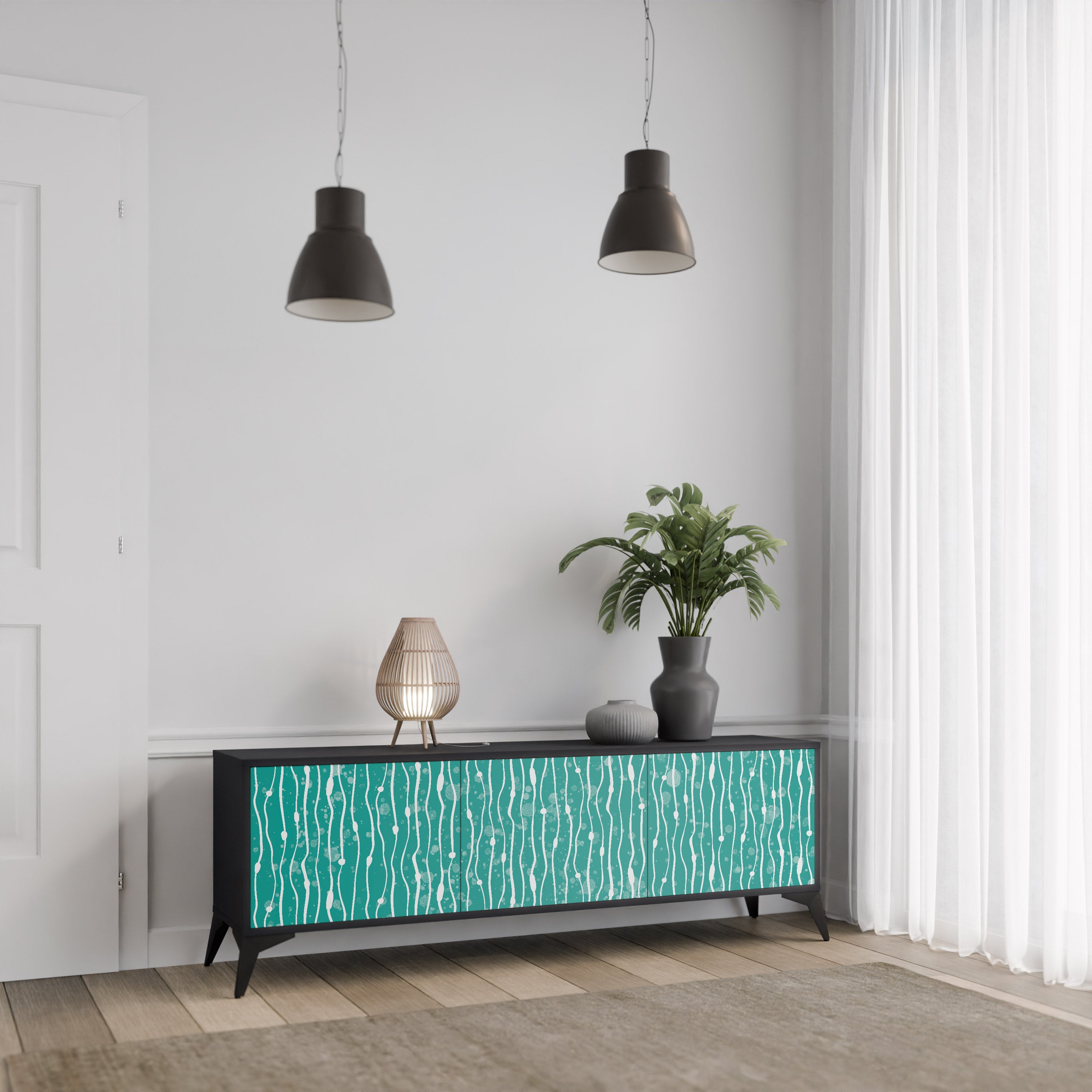 TURQUOISE RAIN 3-Door TV Stand in Black Finish