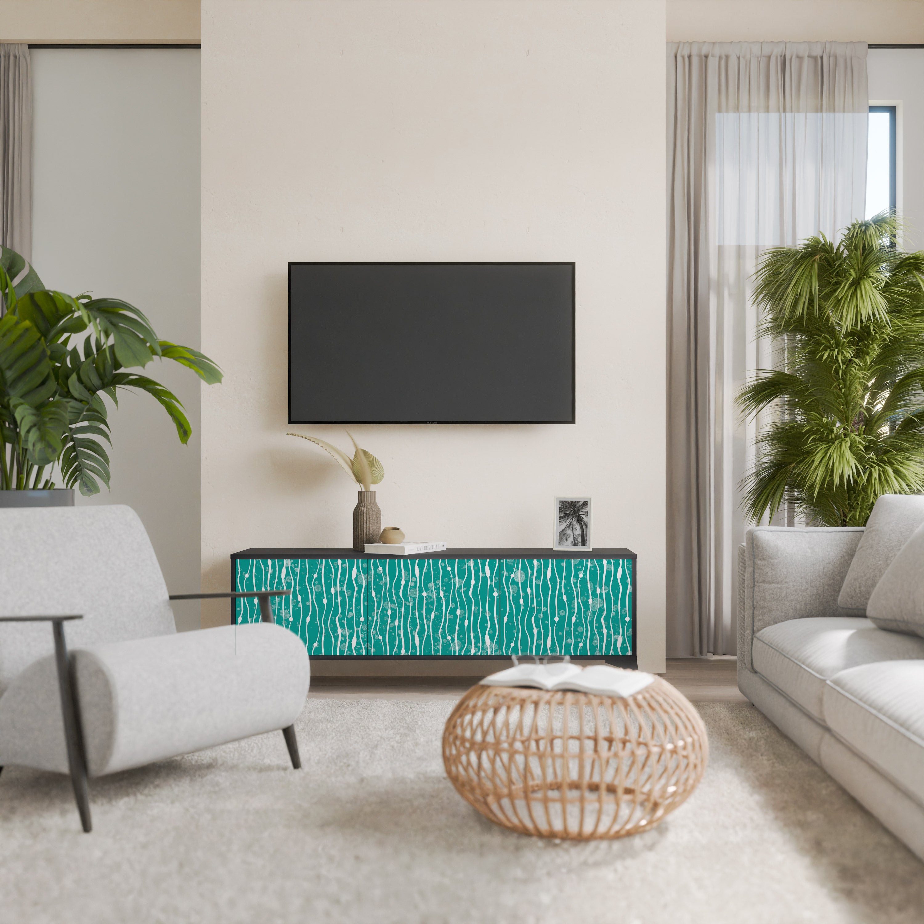 TURQUOISE RAIN 3-Door TV Stand in Black Finish
