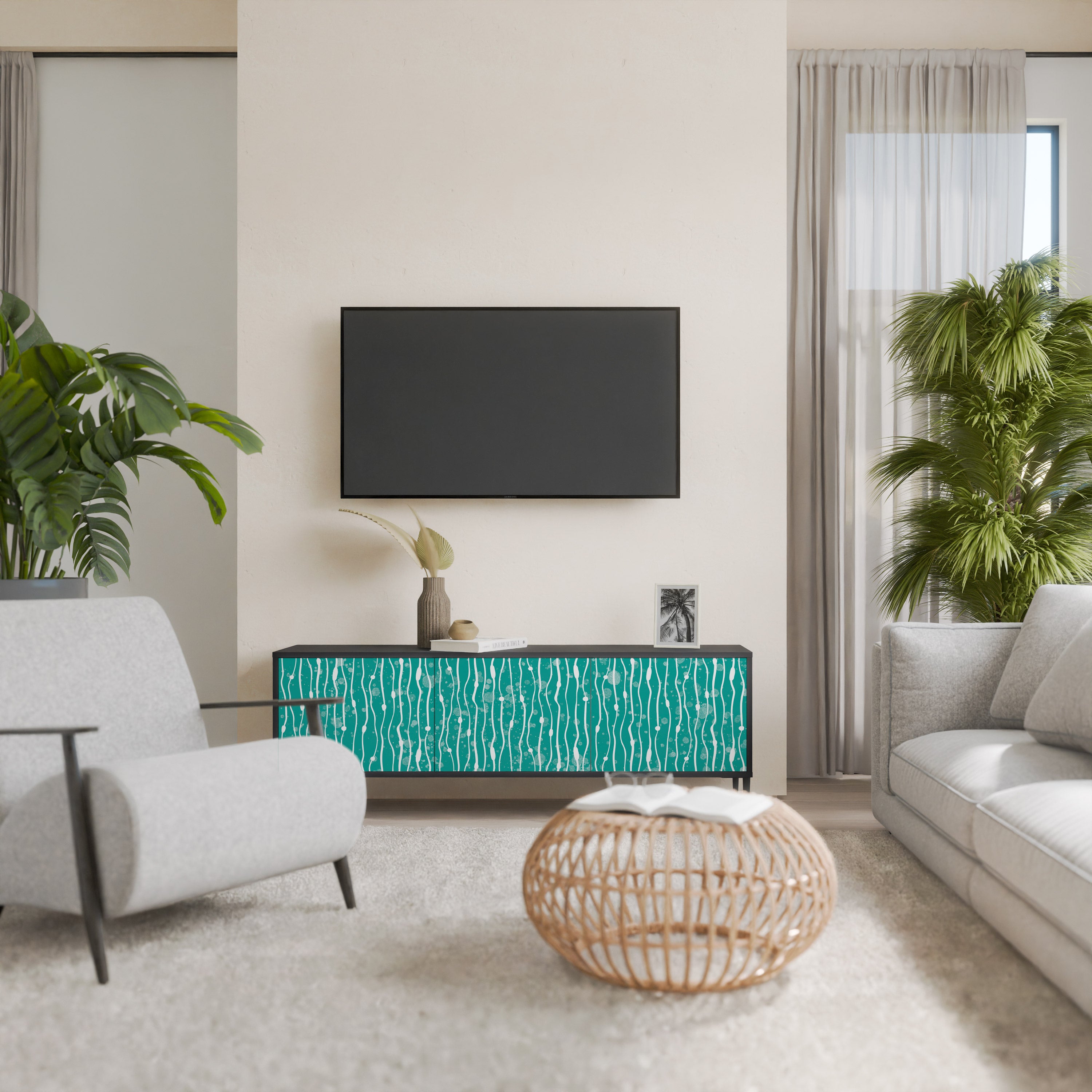 TURQUOISE RAIN 3-Door TV Stand in Black Finish