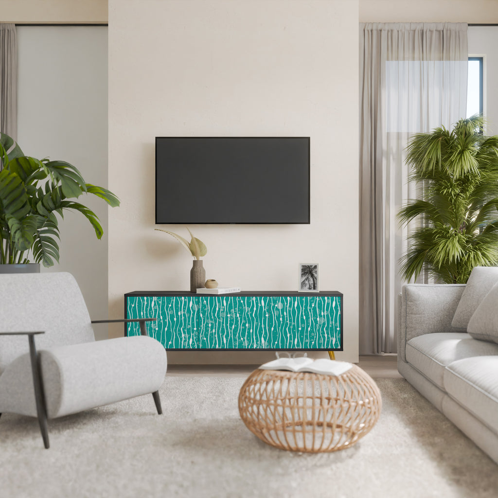 TURQUOISE RAIN 3-Door TV Stand in Black Finish