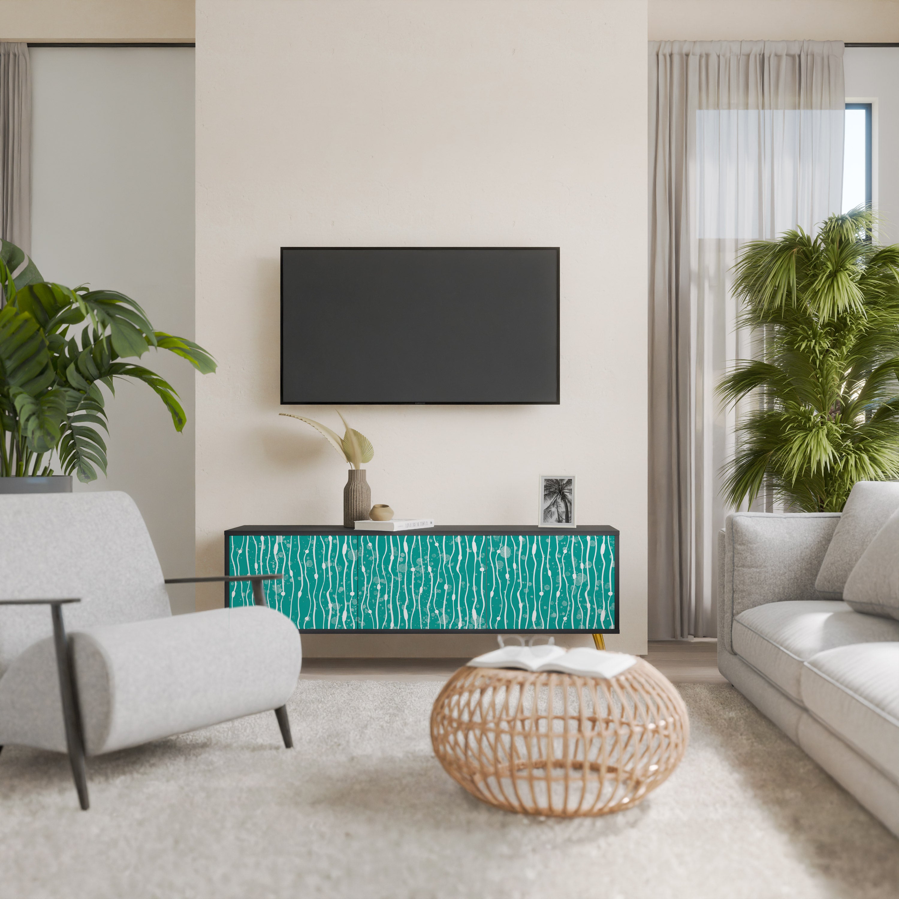 TURQUOISE RAIN 3-Door TV Stand in Black Finish