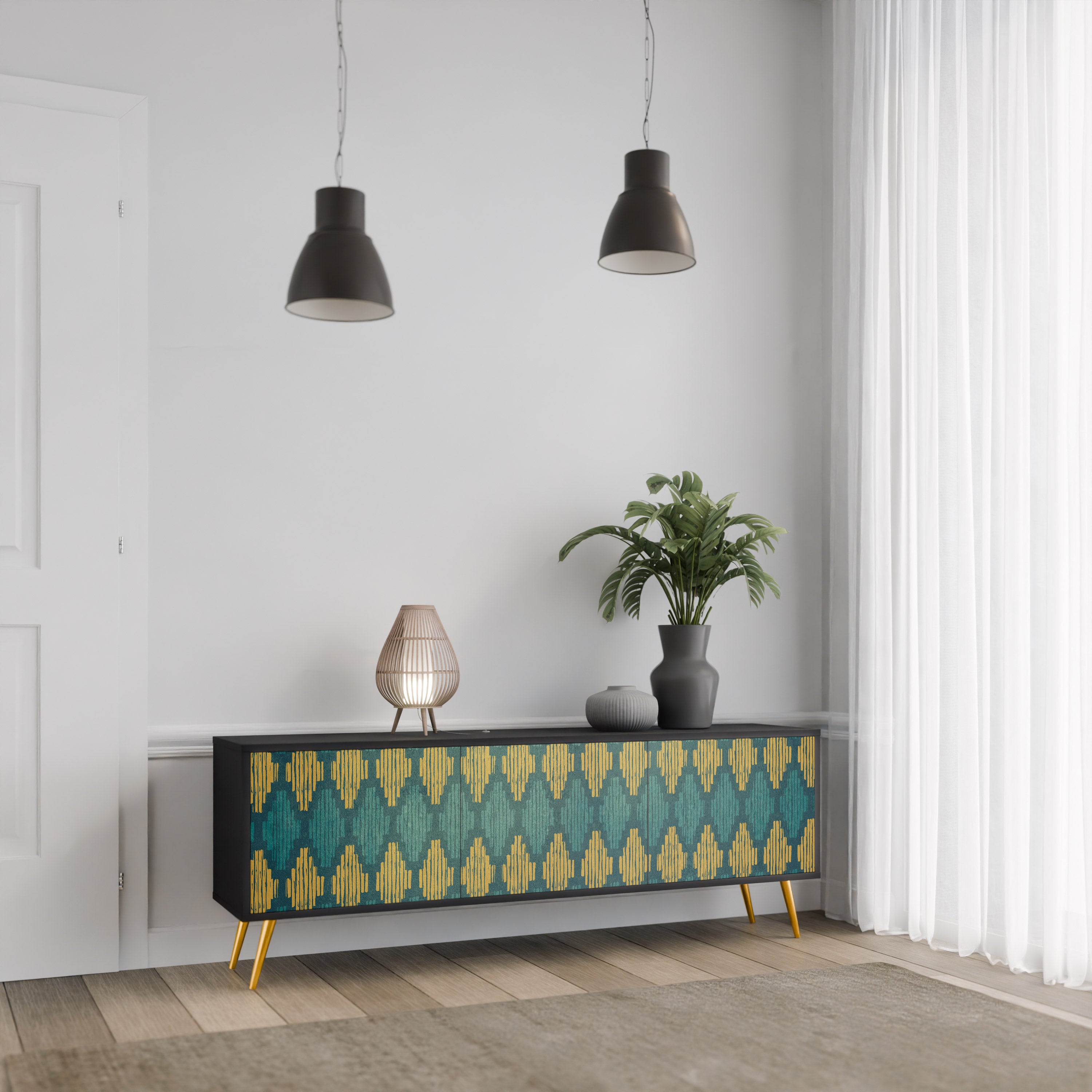 POLYGONS 3-Door TV Stand in Black Finish