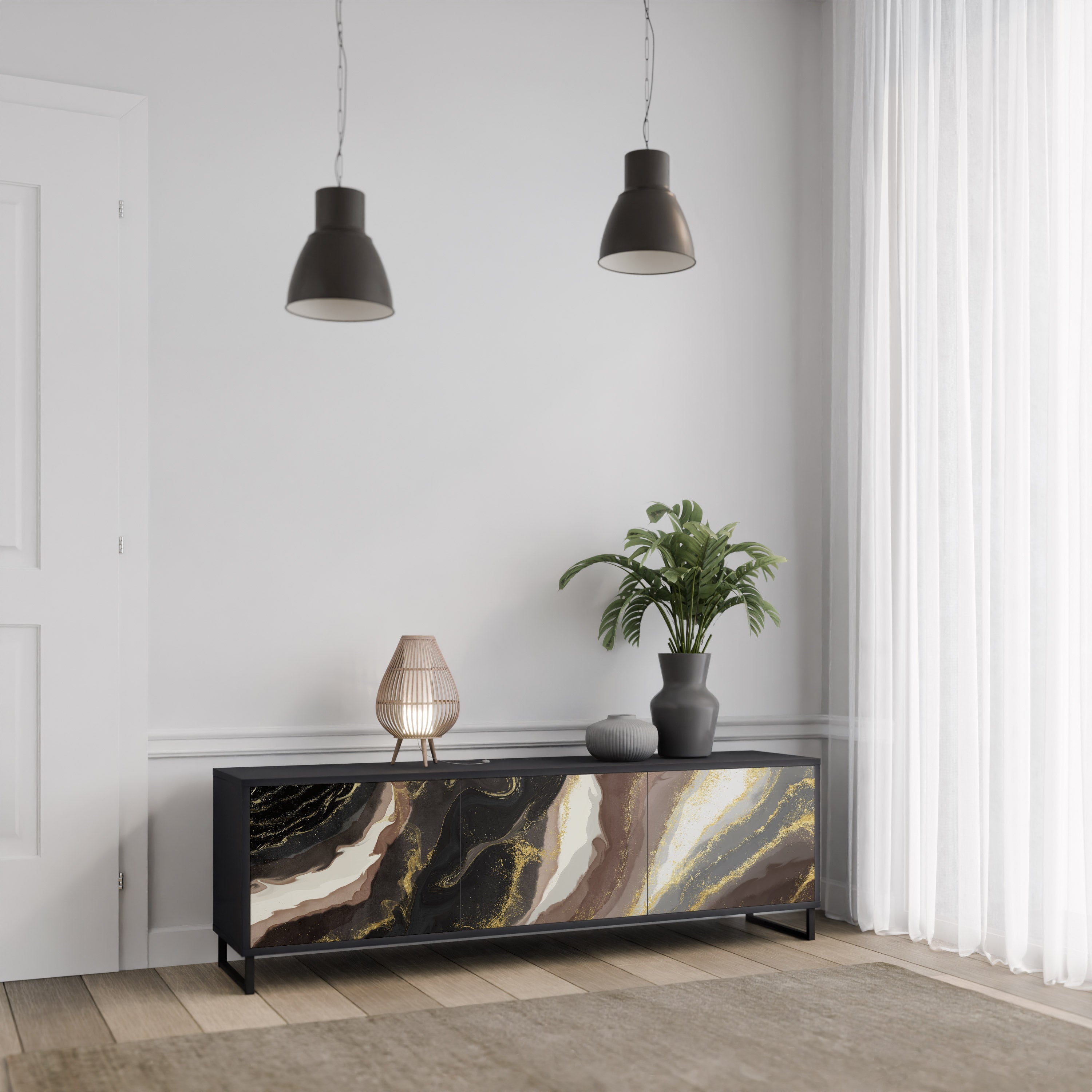 GOLD DUST 3-Door TV Stand in Black Finish