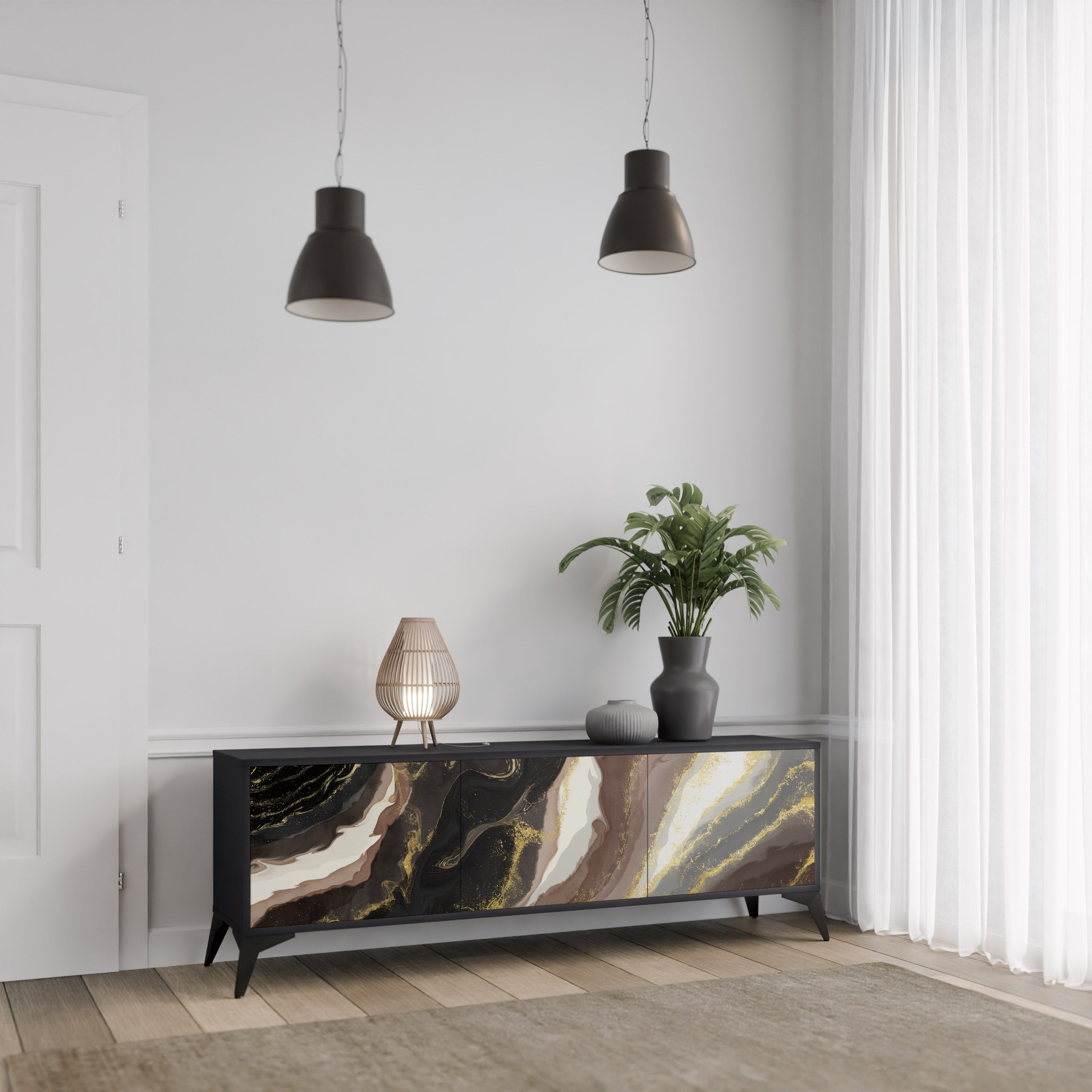 GOLD DUST 3-Door TV Stand in Black Finish