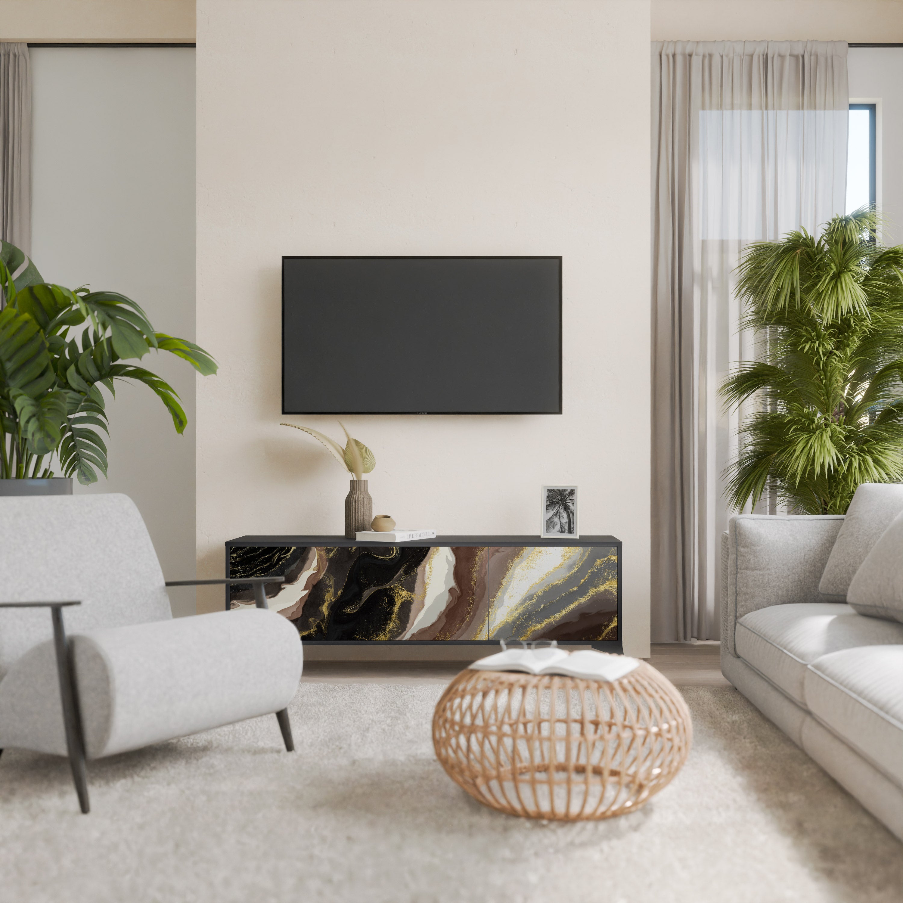 GOLD DUST 3-Door TV Stand in Black Finish