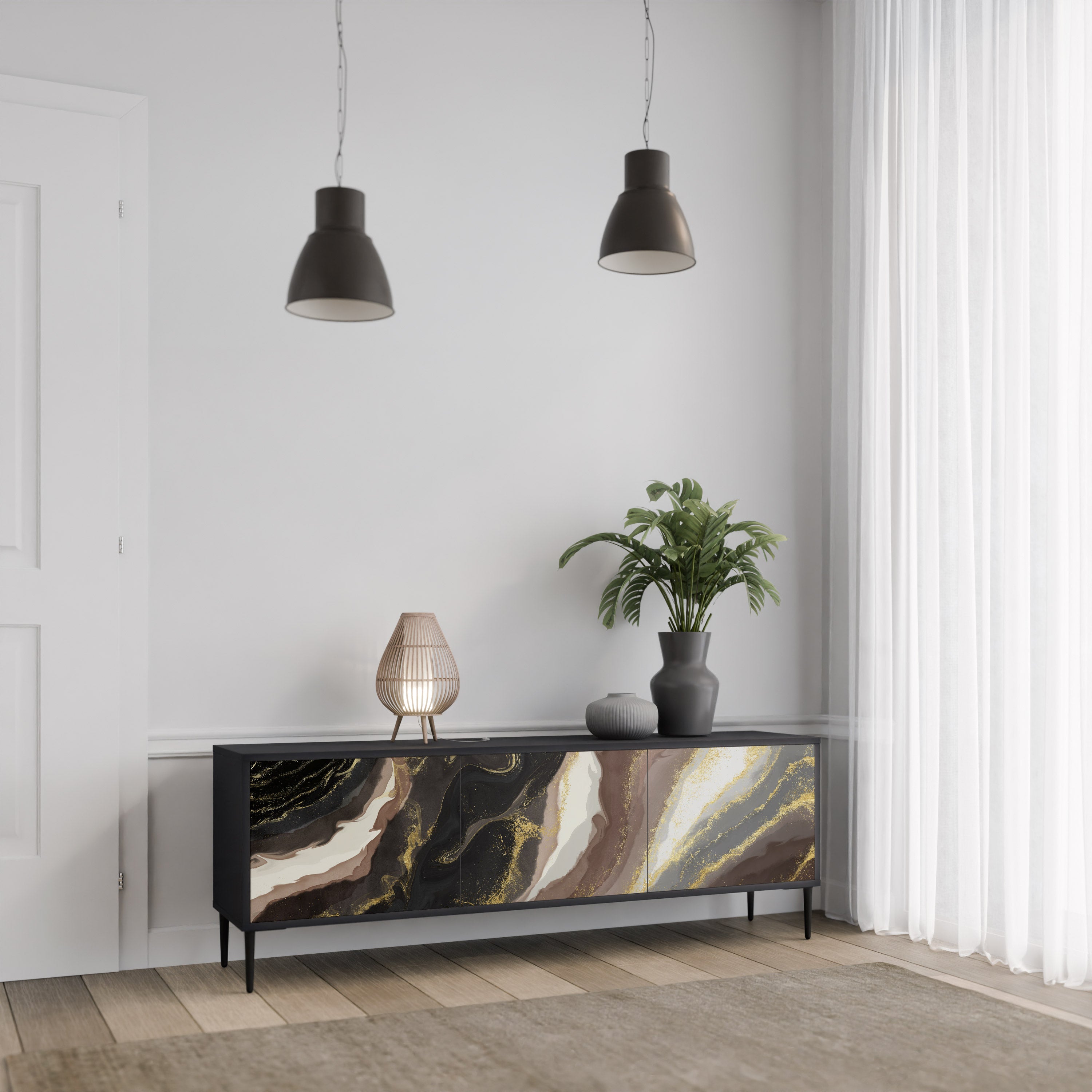 GOLD DUST 3-Door TV Stand in Black Finish