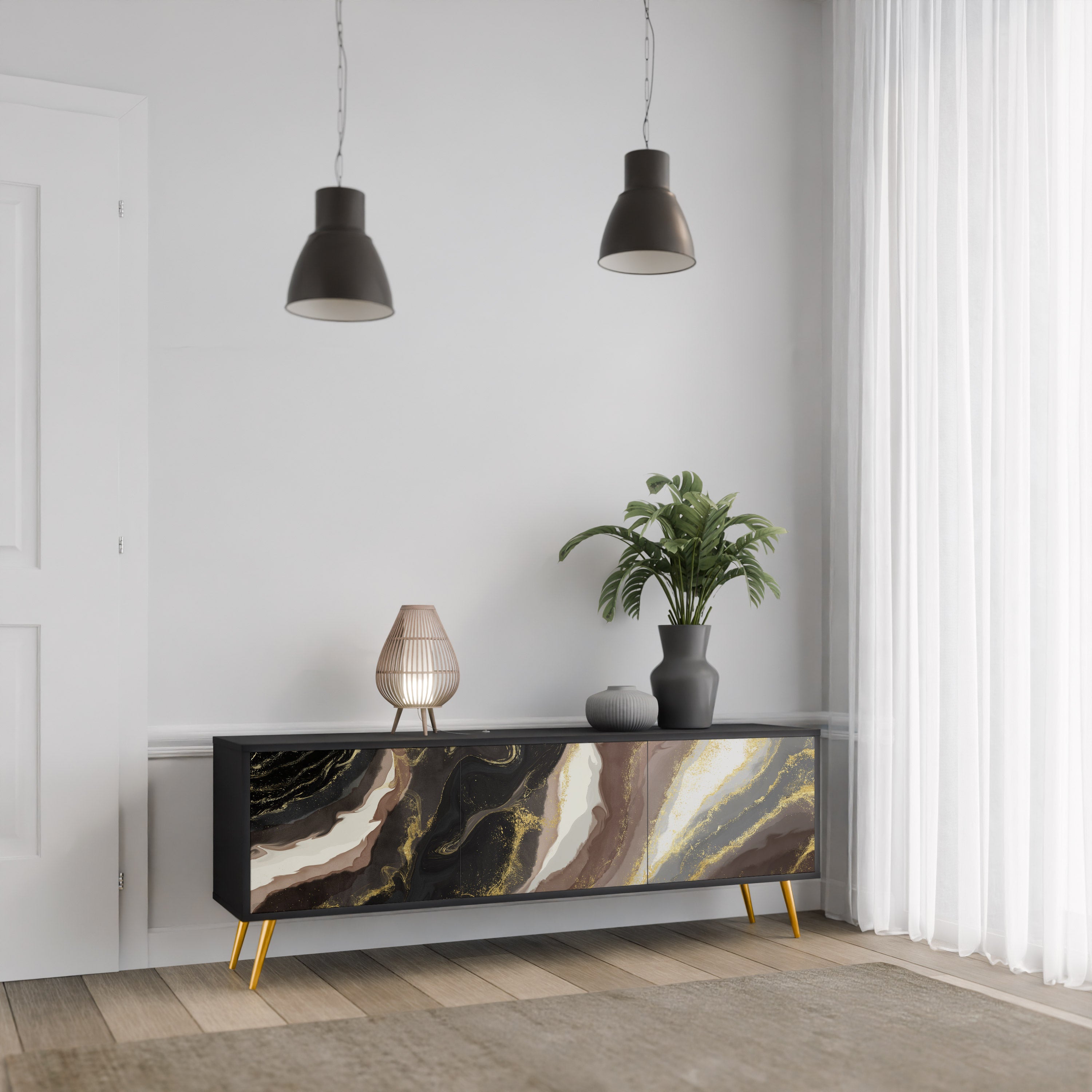 GOLD DUST 3-Door TV Stand in Black Finish