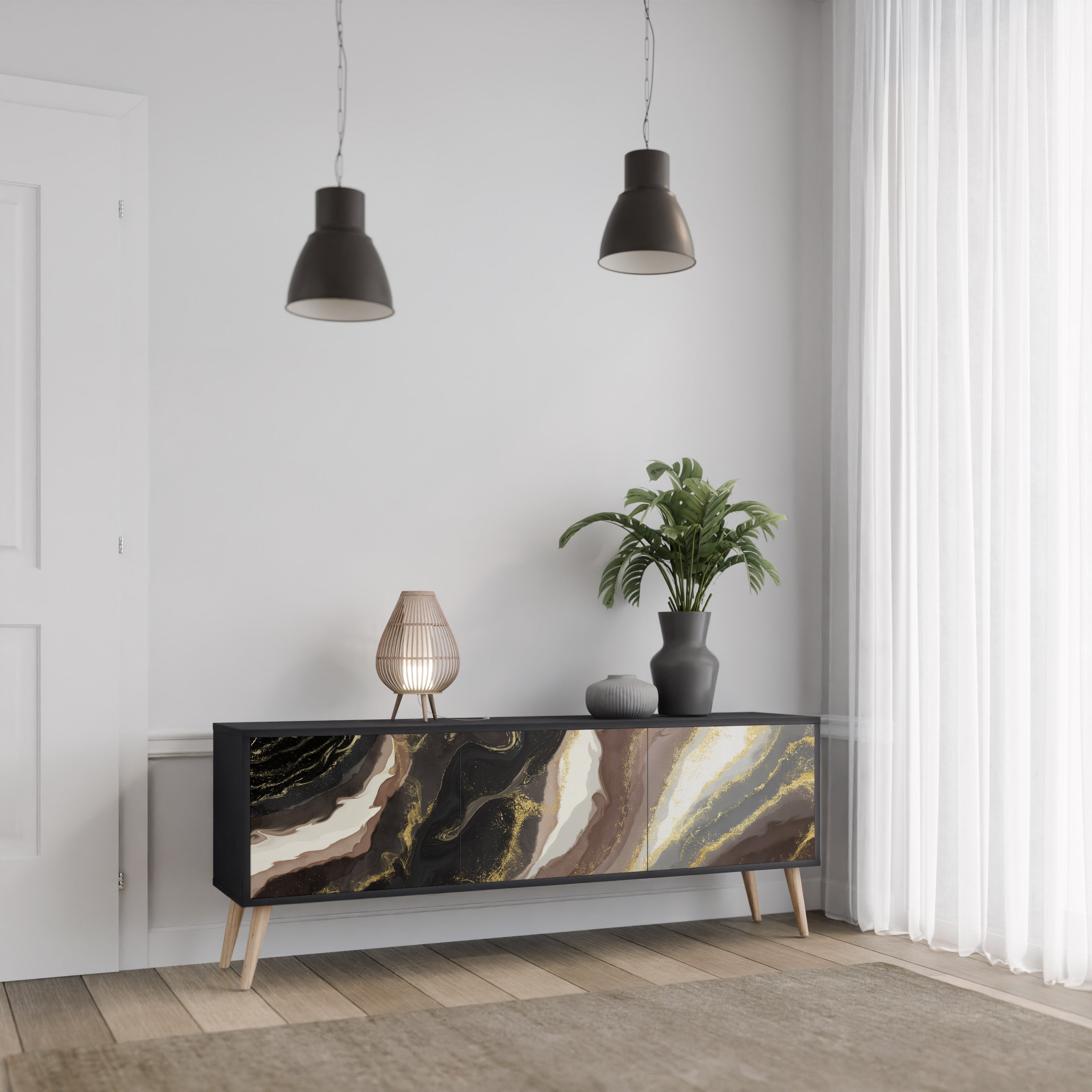 GOLD DUST 3-Door TV Stand in Black Finish