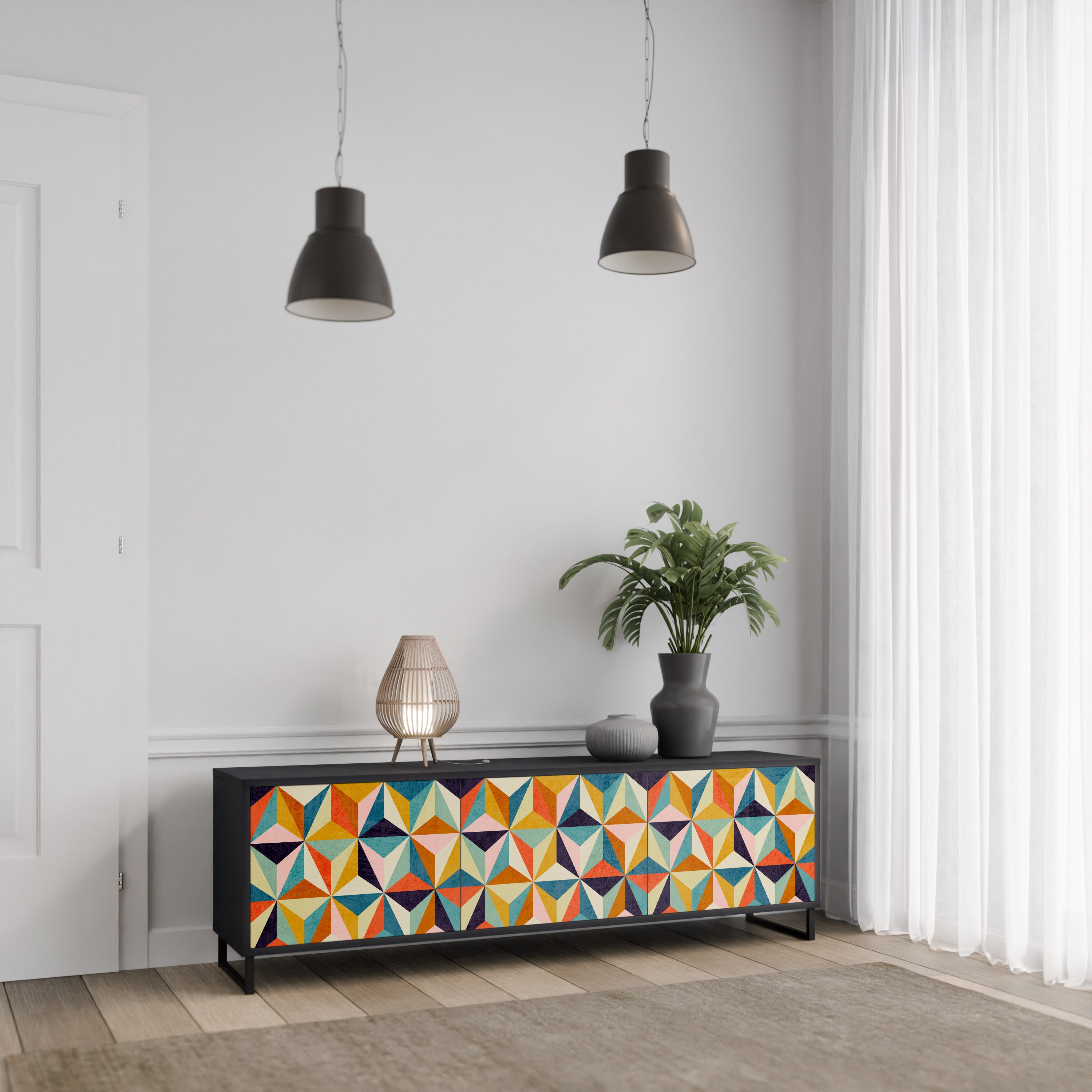 TESSELATE TREASURES 3-Door TV Stand in Black Finish