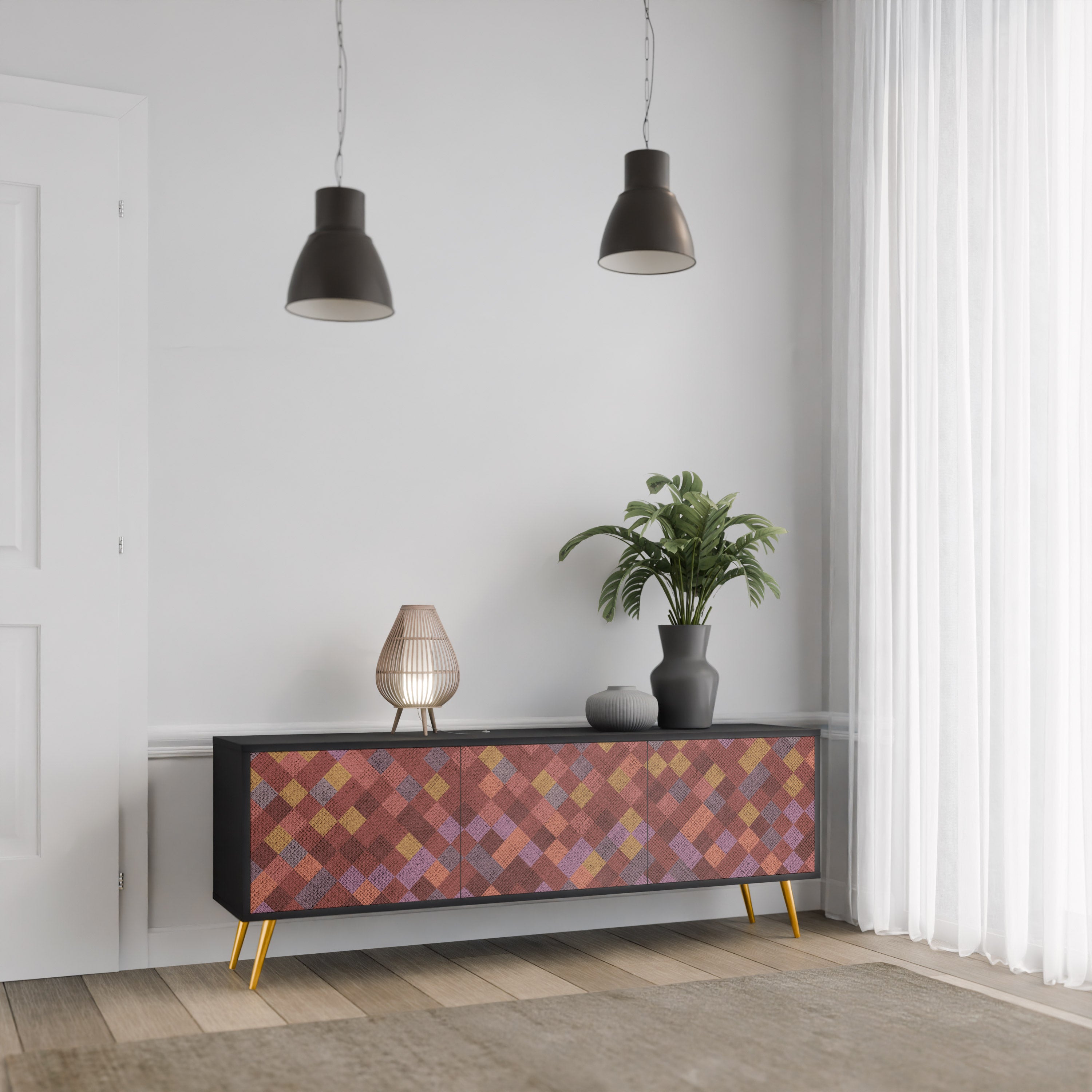 PAINTED SQUARES 3-Door TV Stand in Black Finish