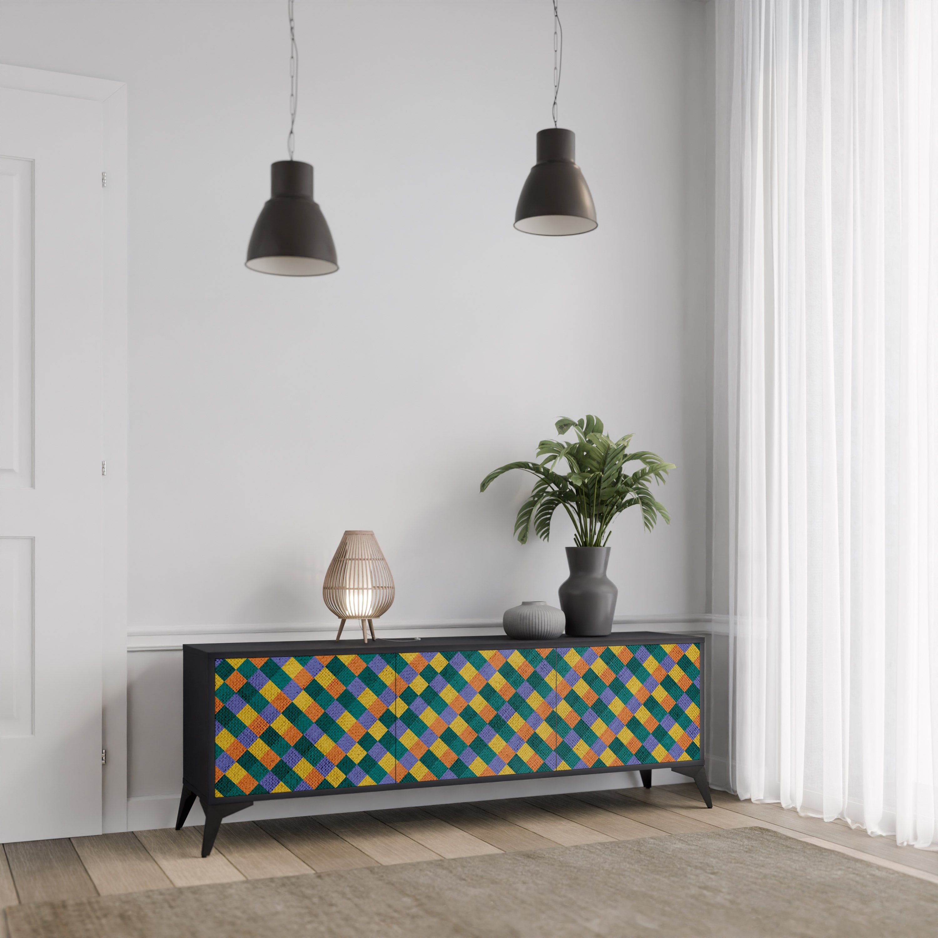 Mueble de TV de 3 puertas con acabado negro PAINTED SQUARES MIX