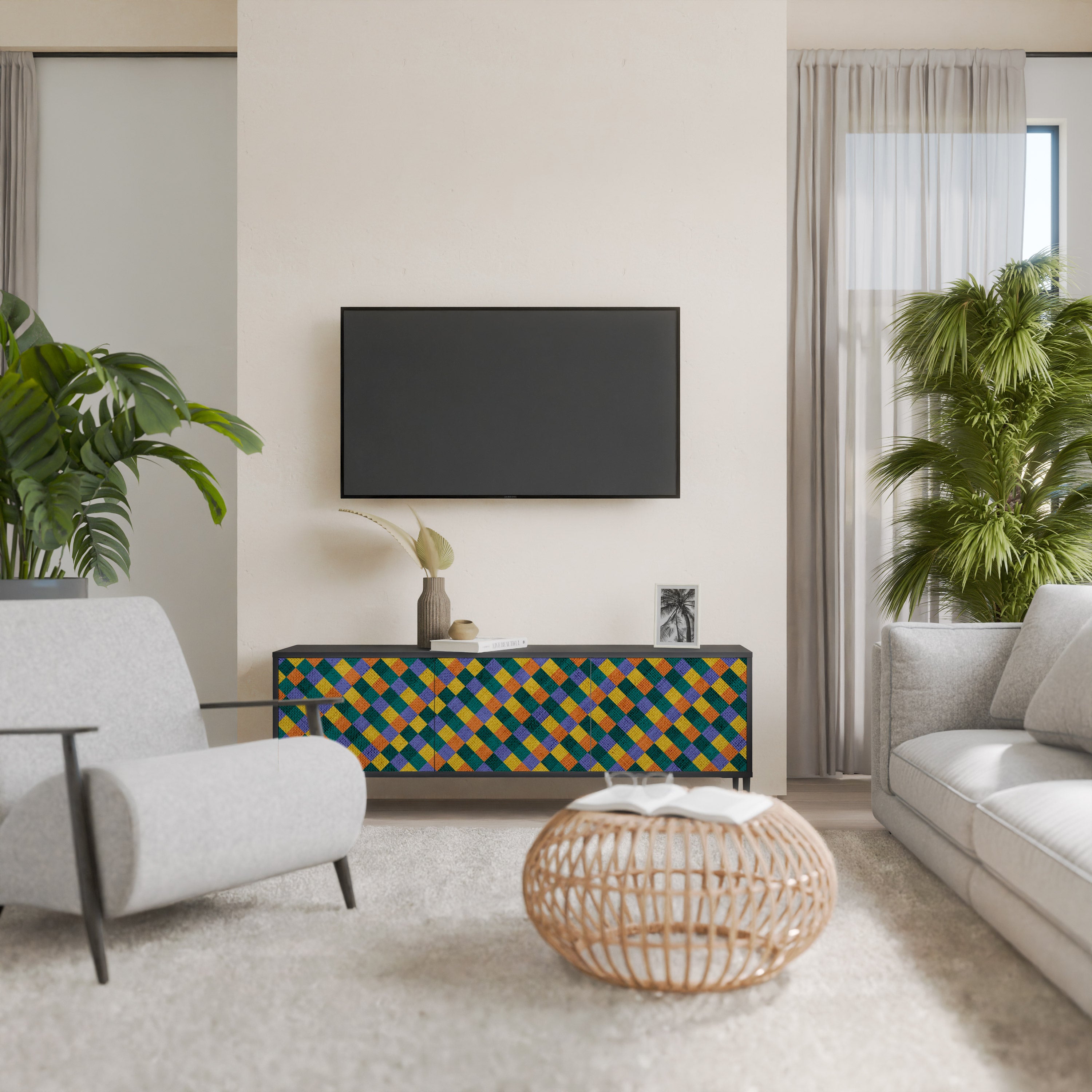 Mueble de TV de 3 puertas con acabado negro PAINTED SQUARES MIX