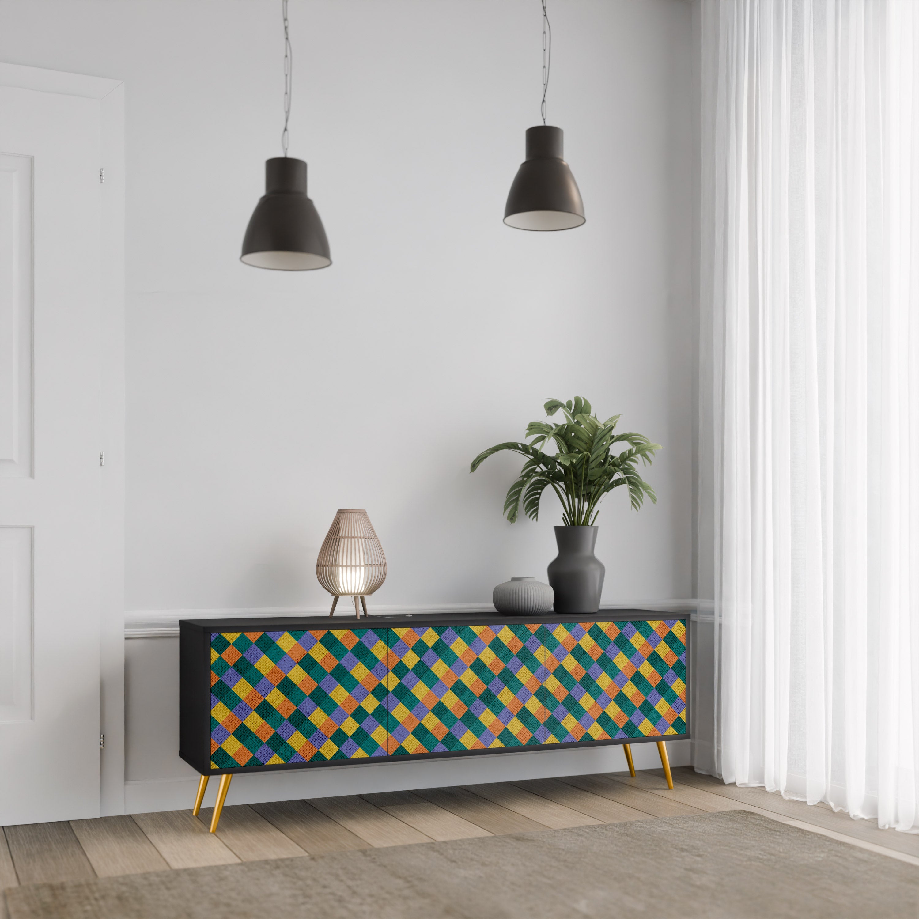 Mueble de TV de 3 puertas con acabado negro PAINTED SQUARES MIX