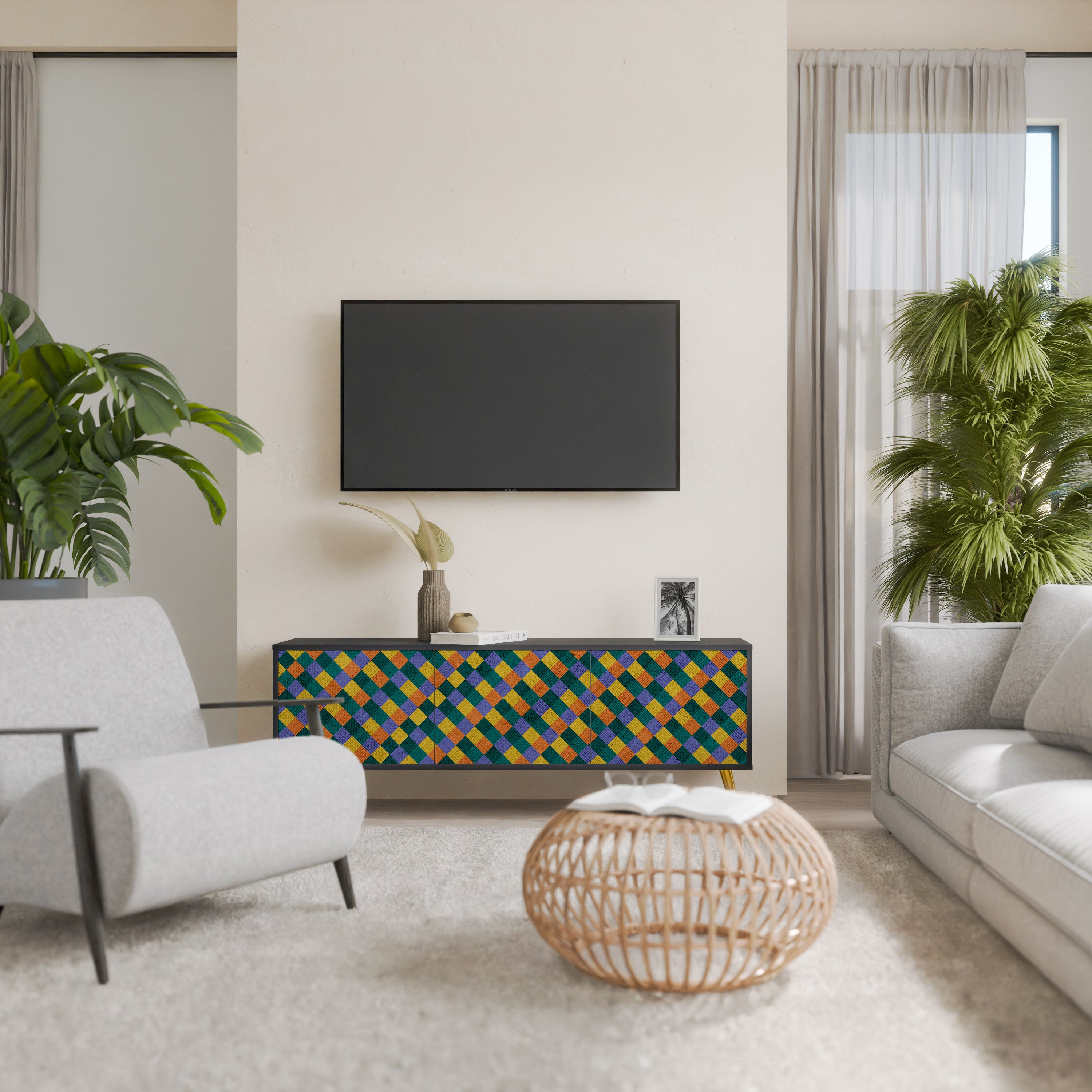Mueble de TV de 3 puertas con acabado negro PAINTED SQUARES MIX