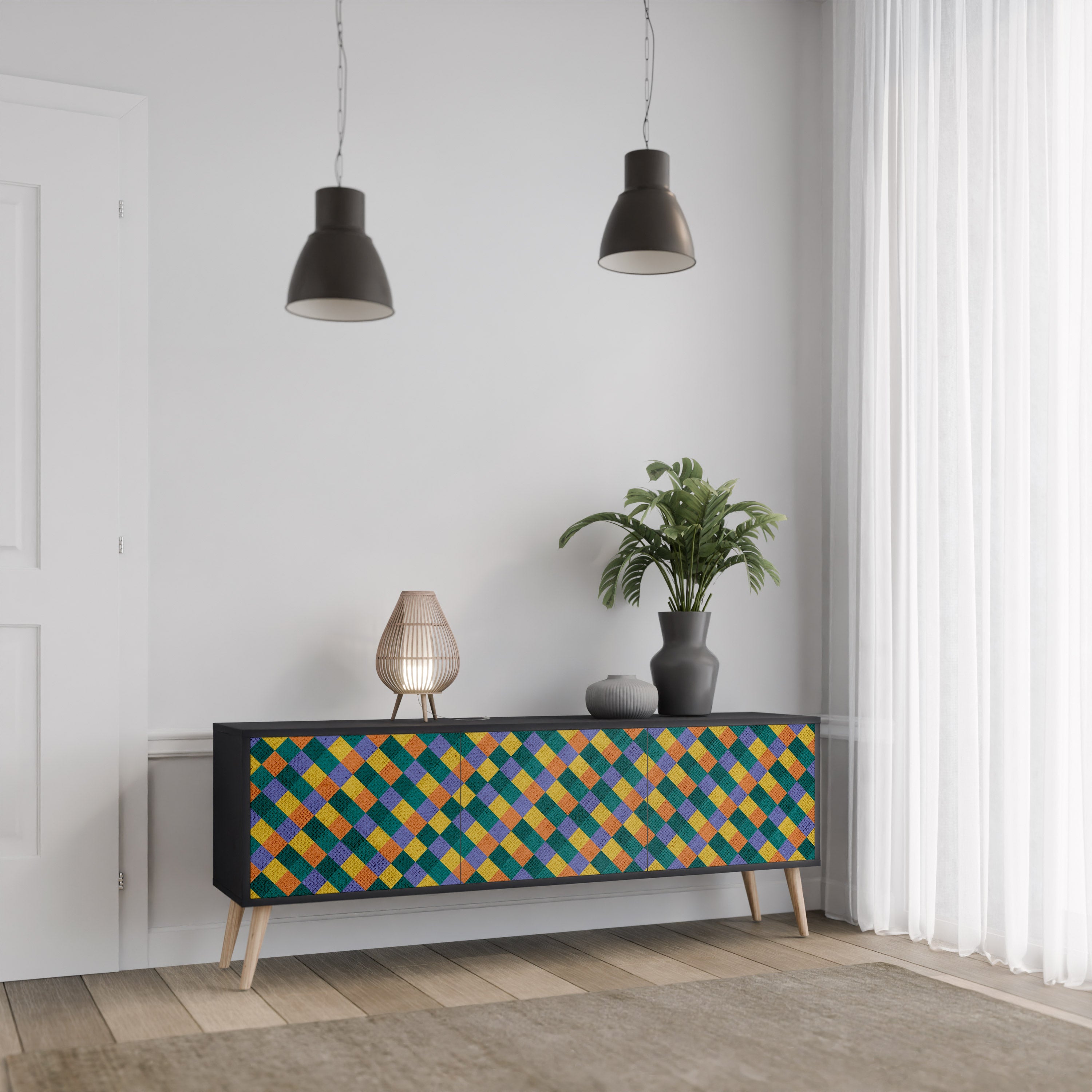 Mueble de TV de 3 puertas con acabado negro PAINTED SQUARES MIX
