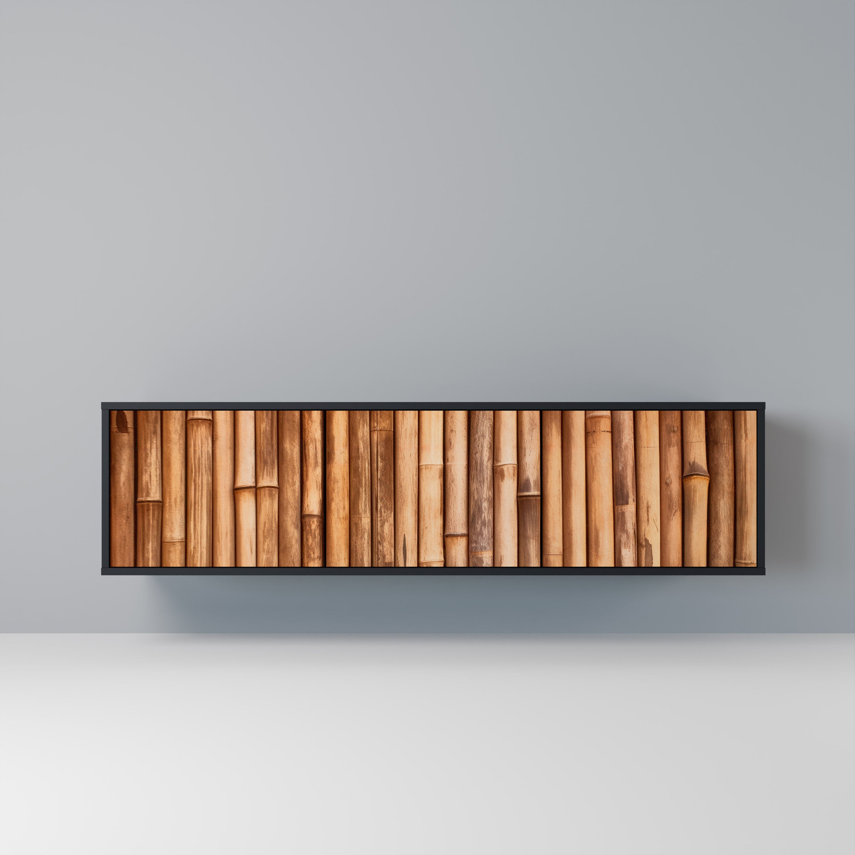 Mueble de TV de 3 puertas de madera natural con acabado negro