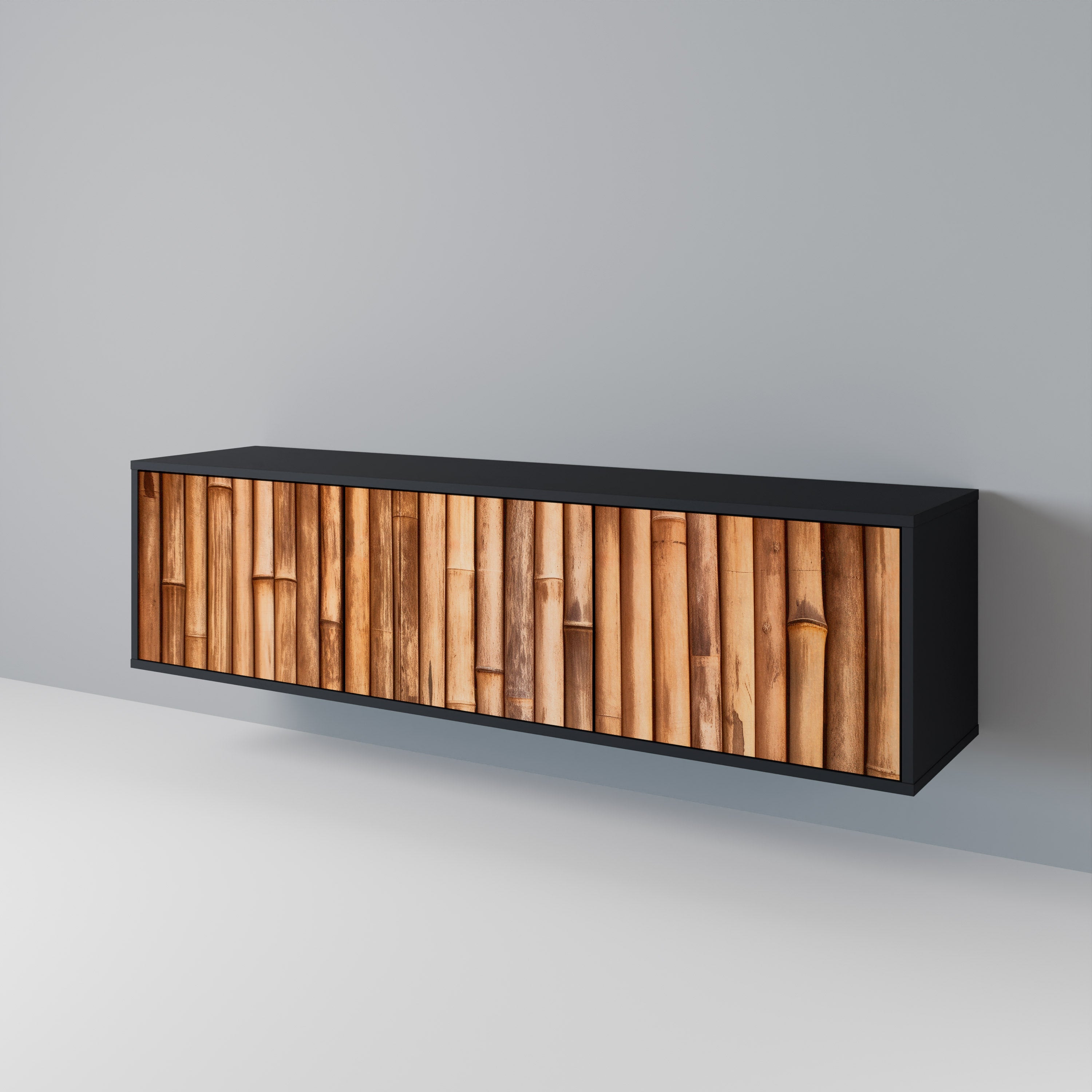Mueble de TV de 3 puertas de madera natural con acabado negro