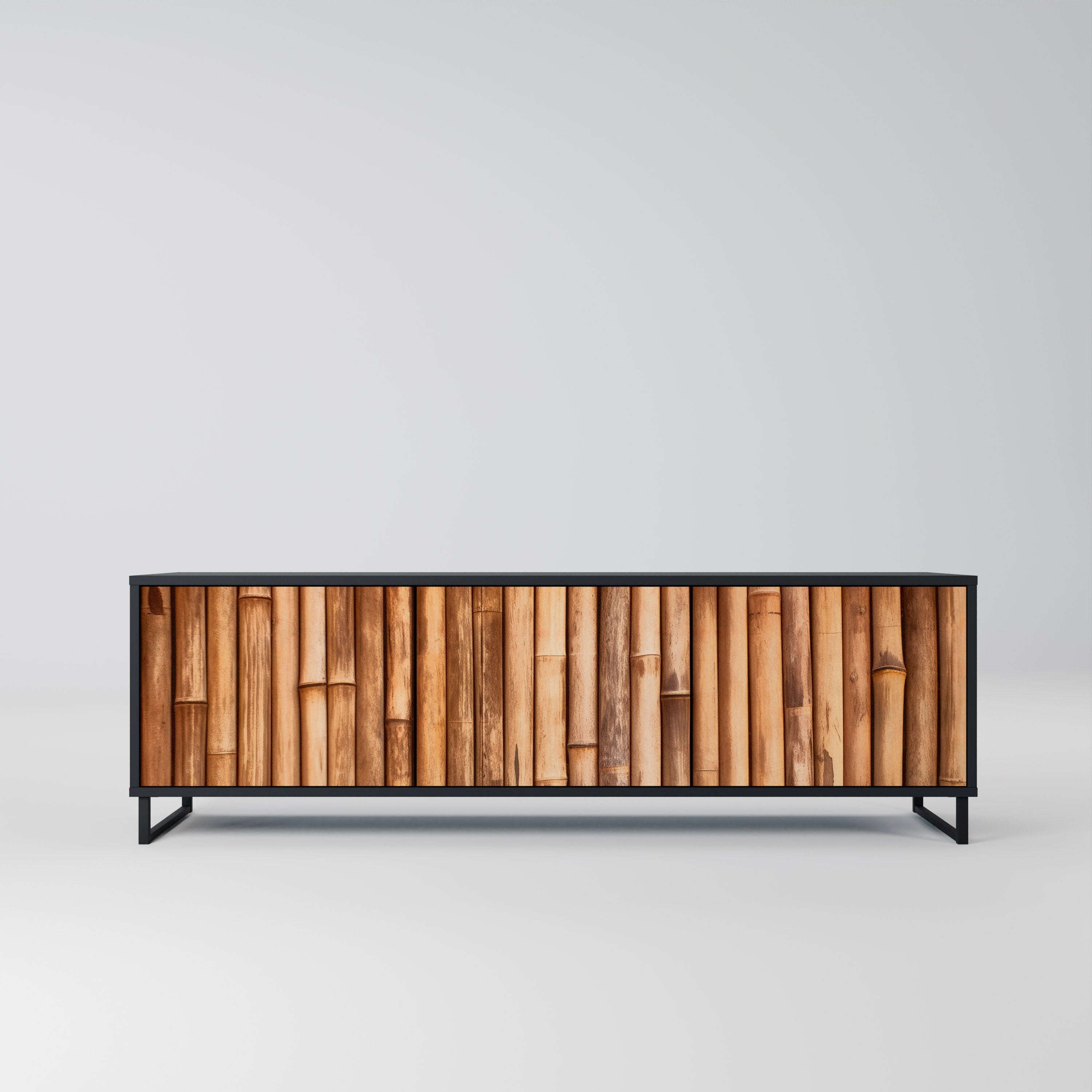 Mueble de TV de 3 puertas de madera natural con acabado negro