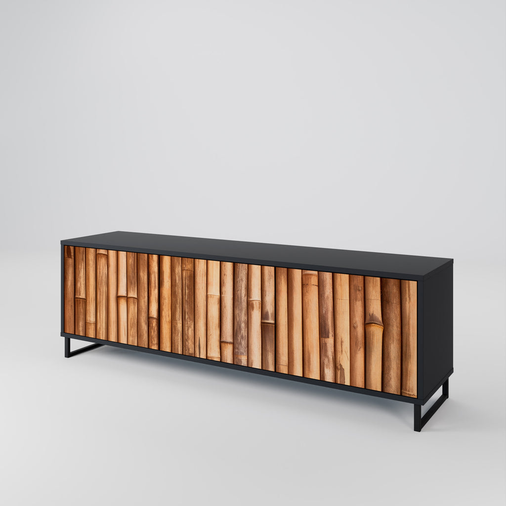 Mueble de TV de 3 puertas de madera natural con acabado negro
