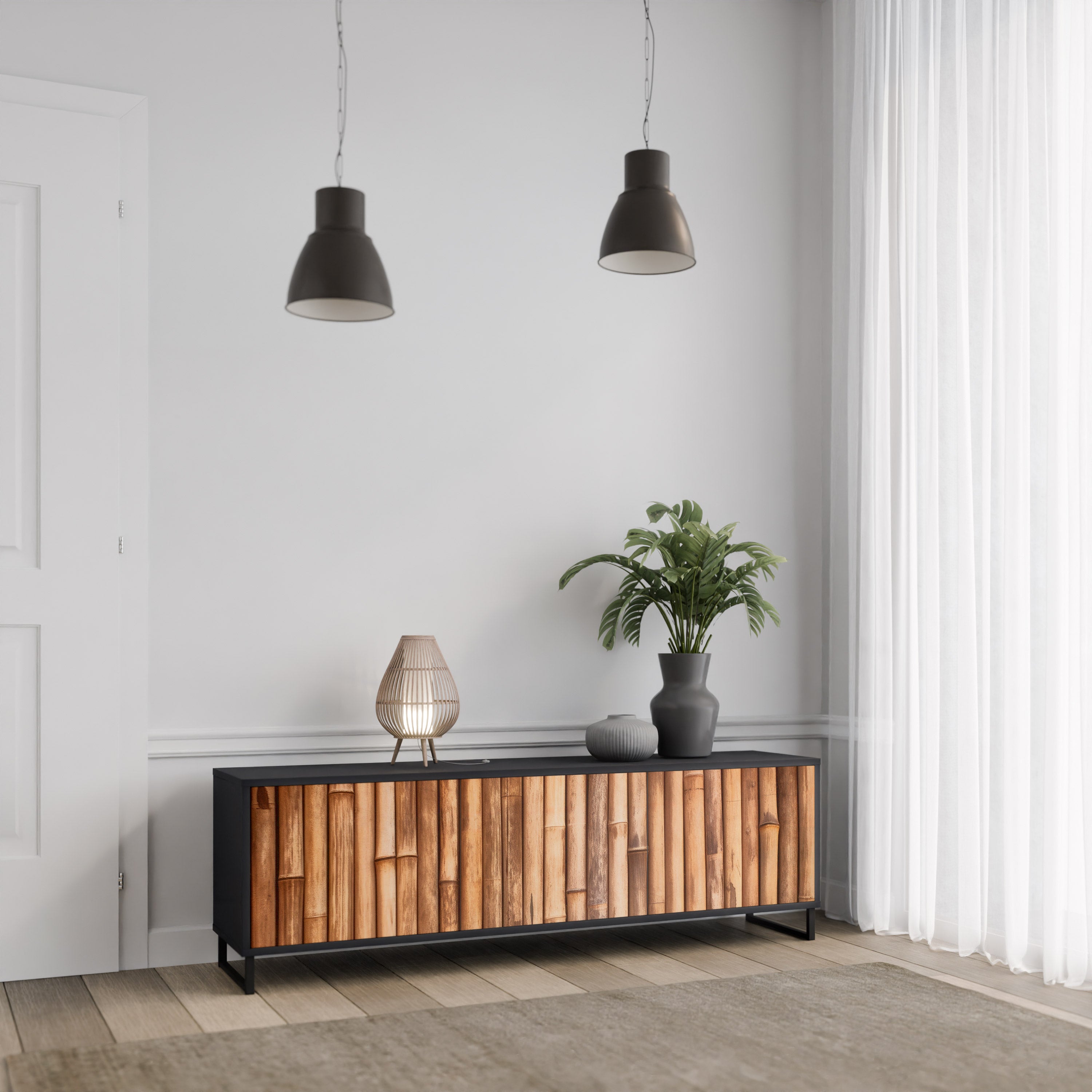 Mueble de TV de 3 puertas de madera natural con acabado negro