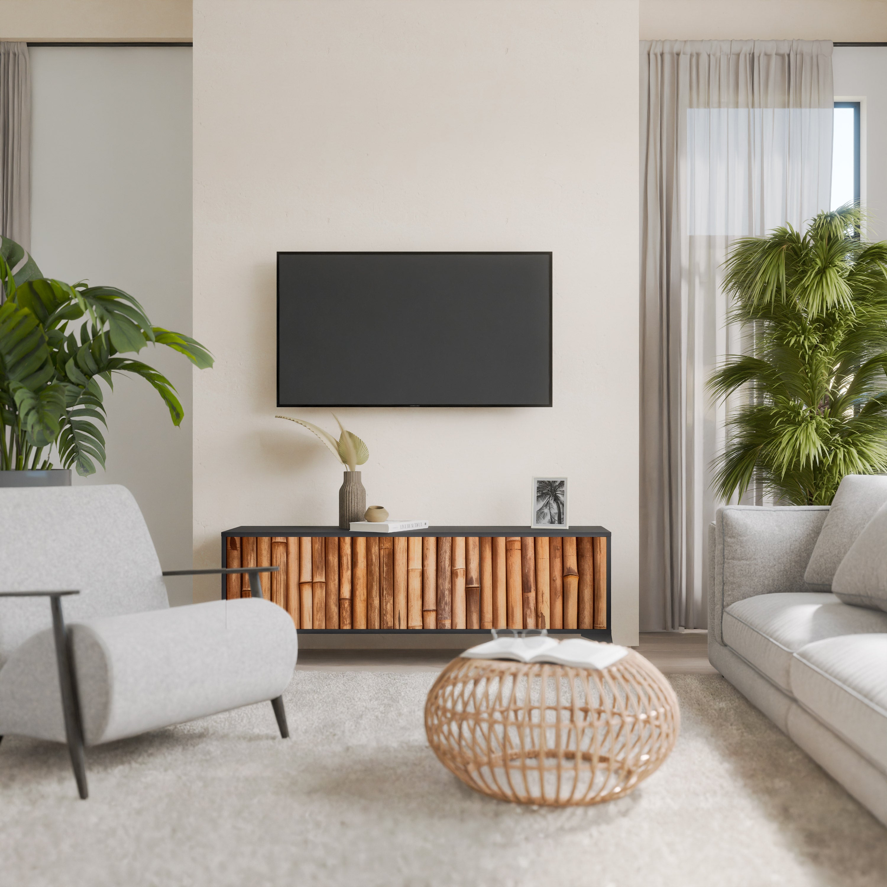 Mueble de TV de 3 puertas de madera natural con acabado negro
