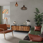 NATURAL WOOD 3-Door TV Stand in Black Finish