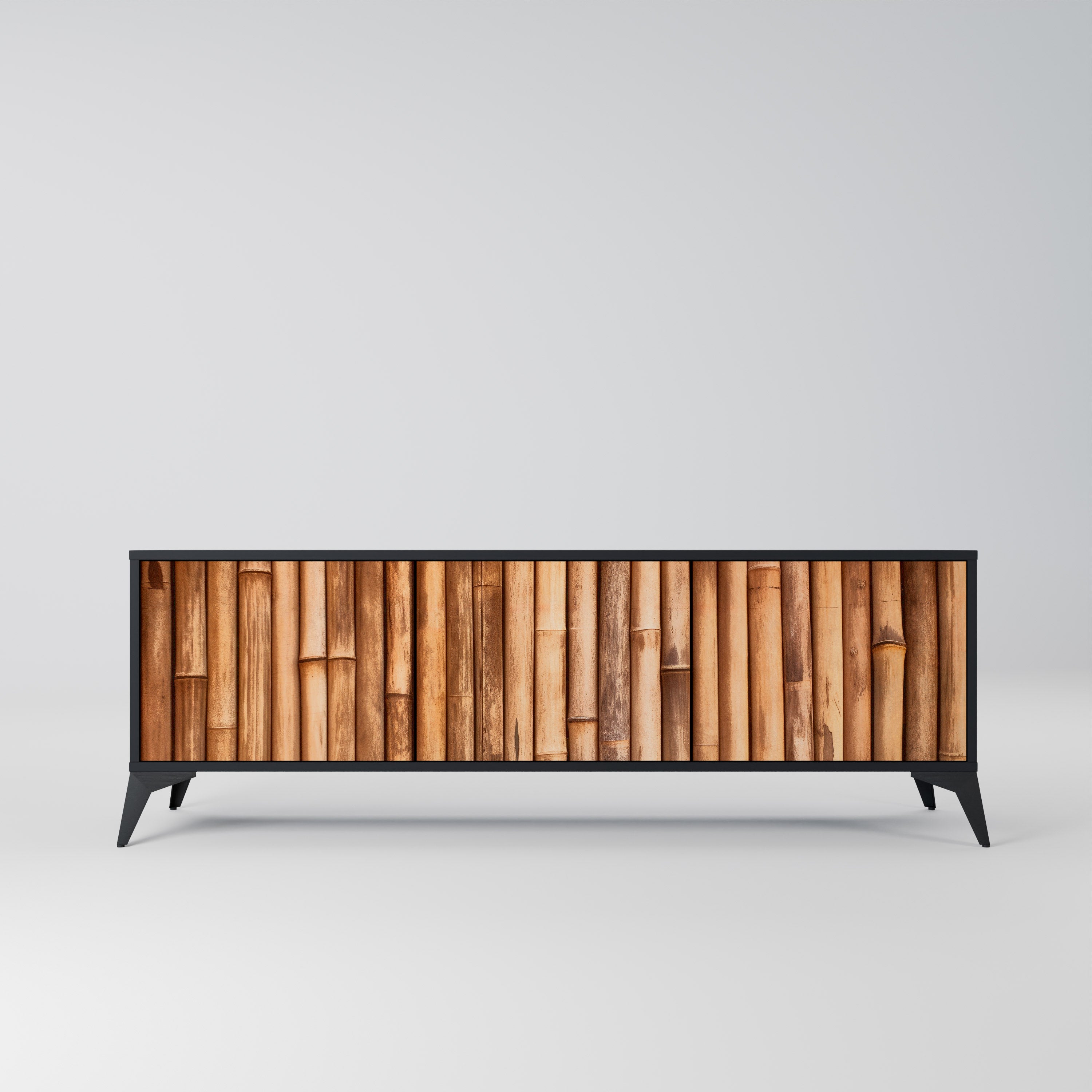 Mueble de TV de 3 puertas de madera natural con acabado negro