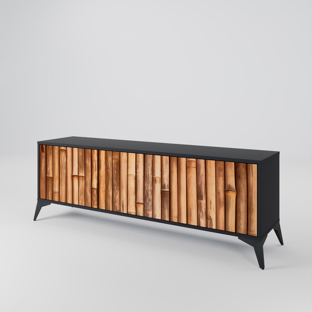 Mueble de TV de 3 puertas de madera natural con acabado negro
