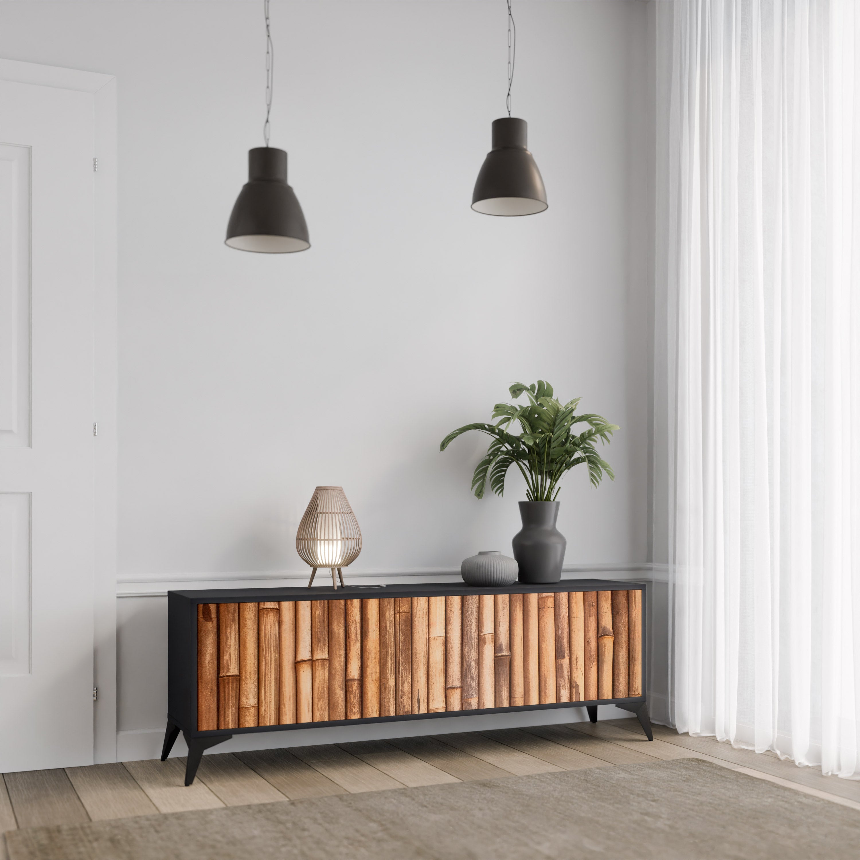 Mueble de TV de 3 puertas de madera natural con acabado negro